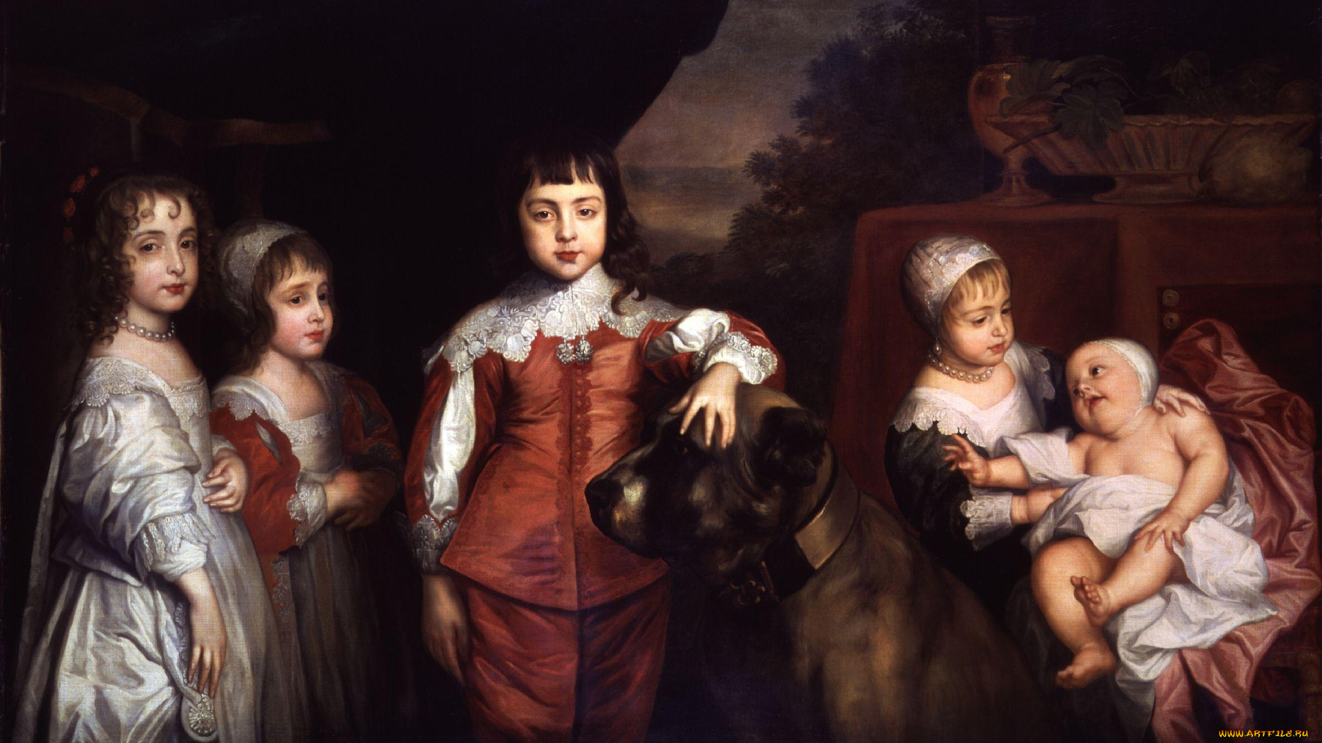 five, children, of, king, charles, i, рисованное, antoine, van, dyck, дети, собака