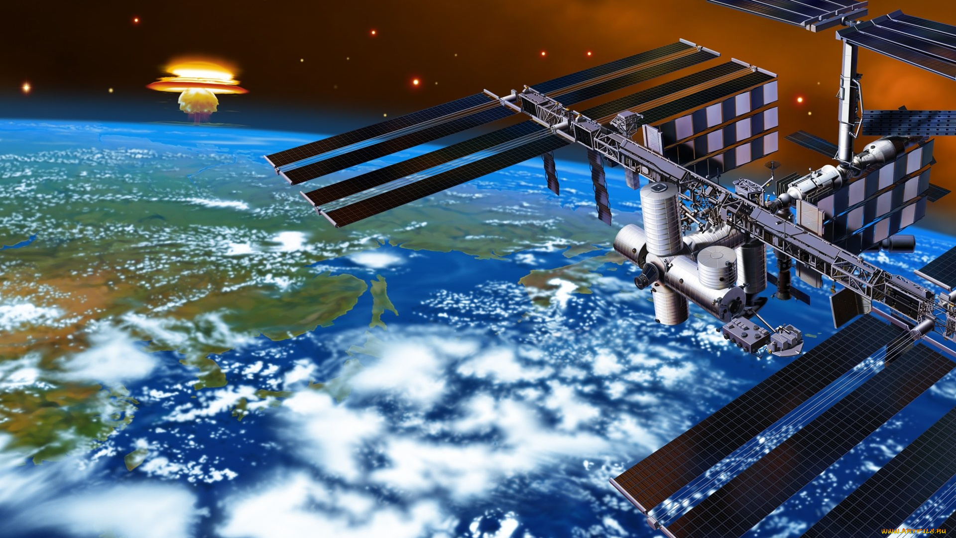 космос, арт, станция, земля, планета, взрыв