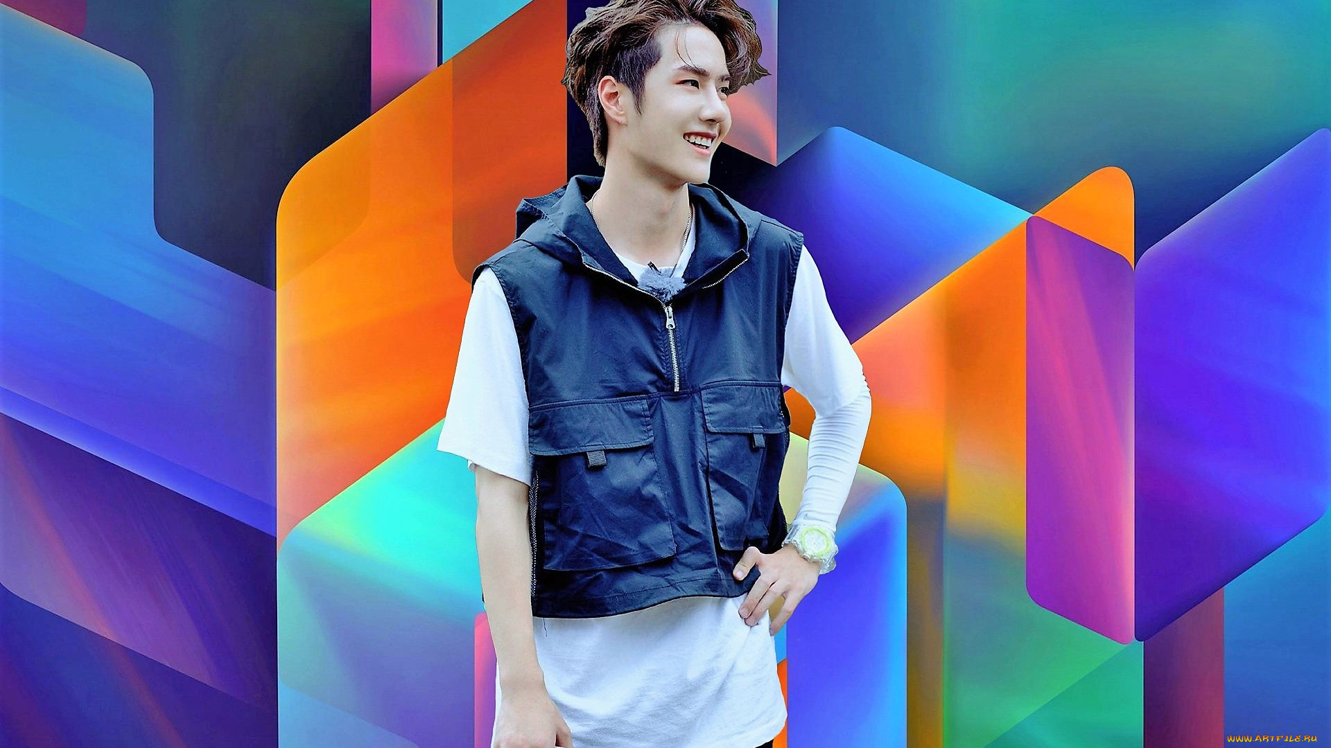 мужчины, wang, yi, bo, жилет, футболка, улыбка