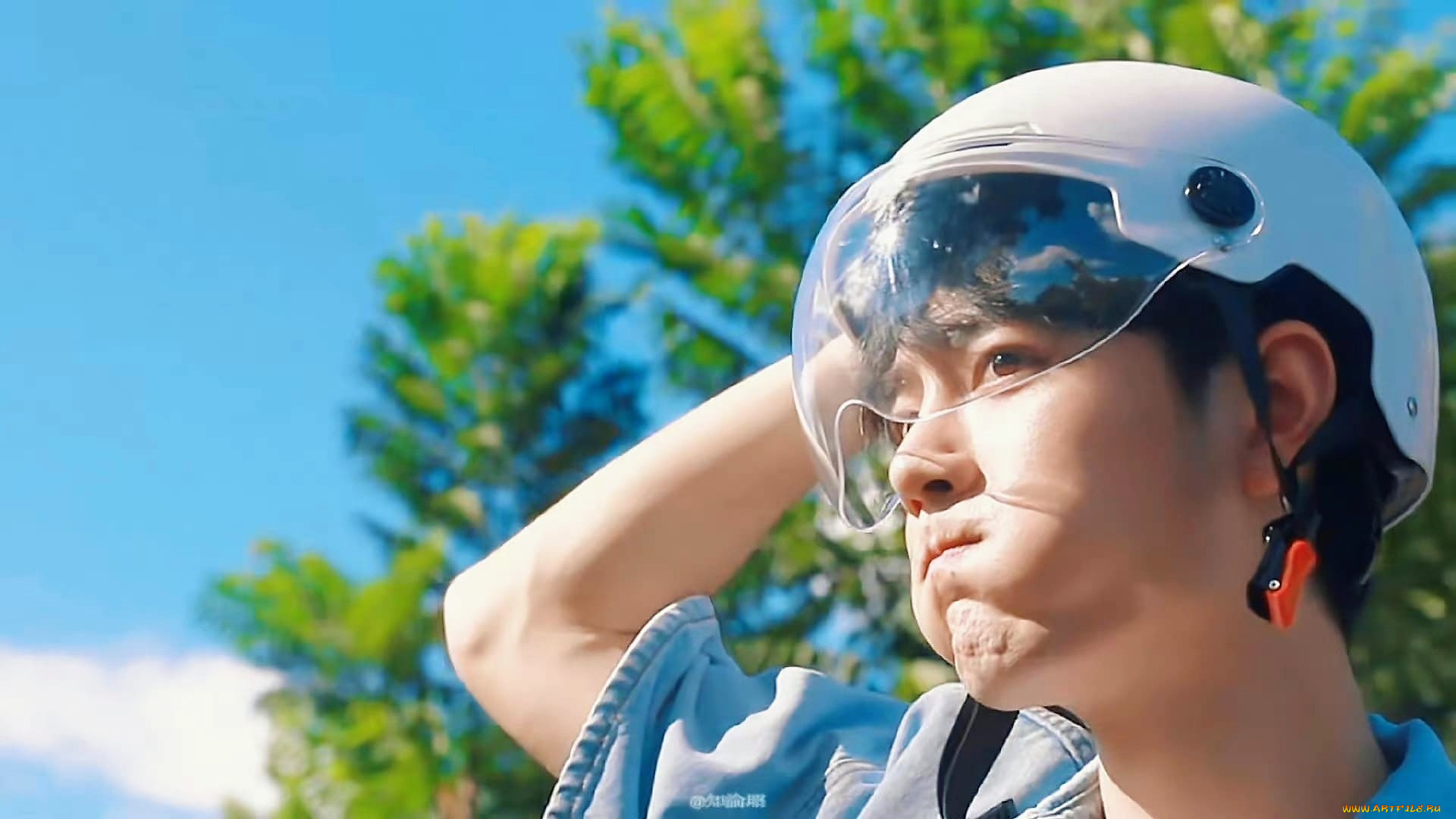 мужчины, xiao, zhan, лицо, щеки, шлем, дерево, небо