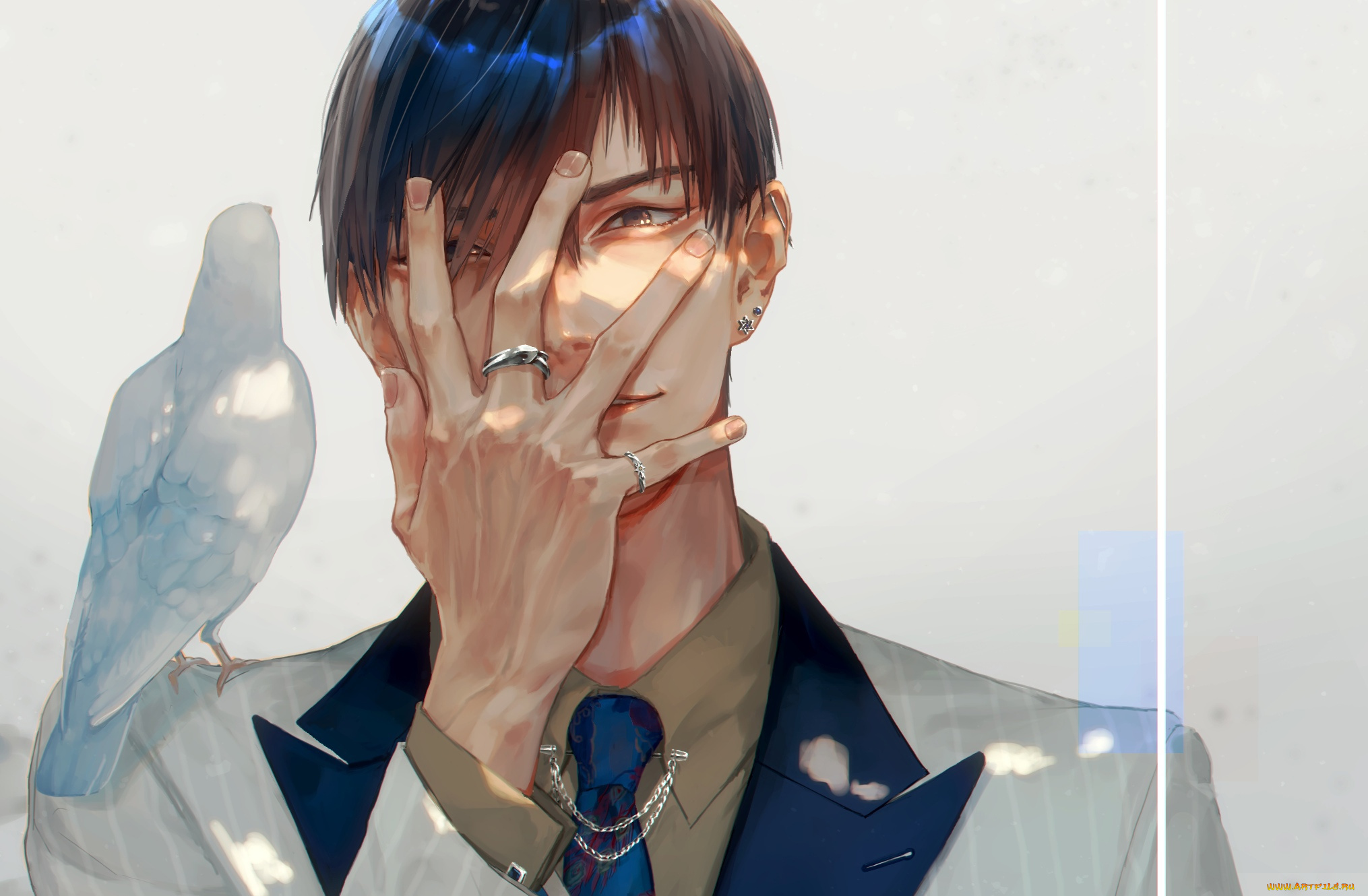аниме, unknown, , другое, , парень, рука, голубь, птица, пиджак, галстук