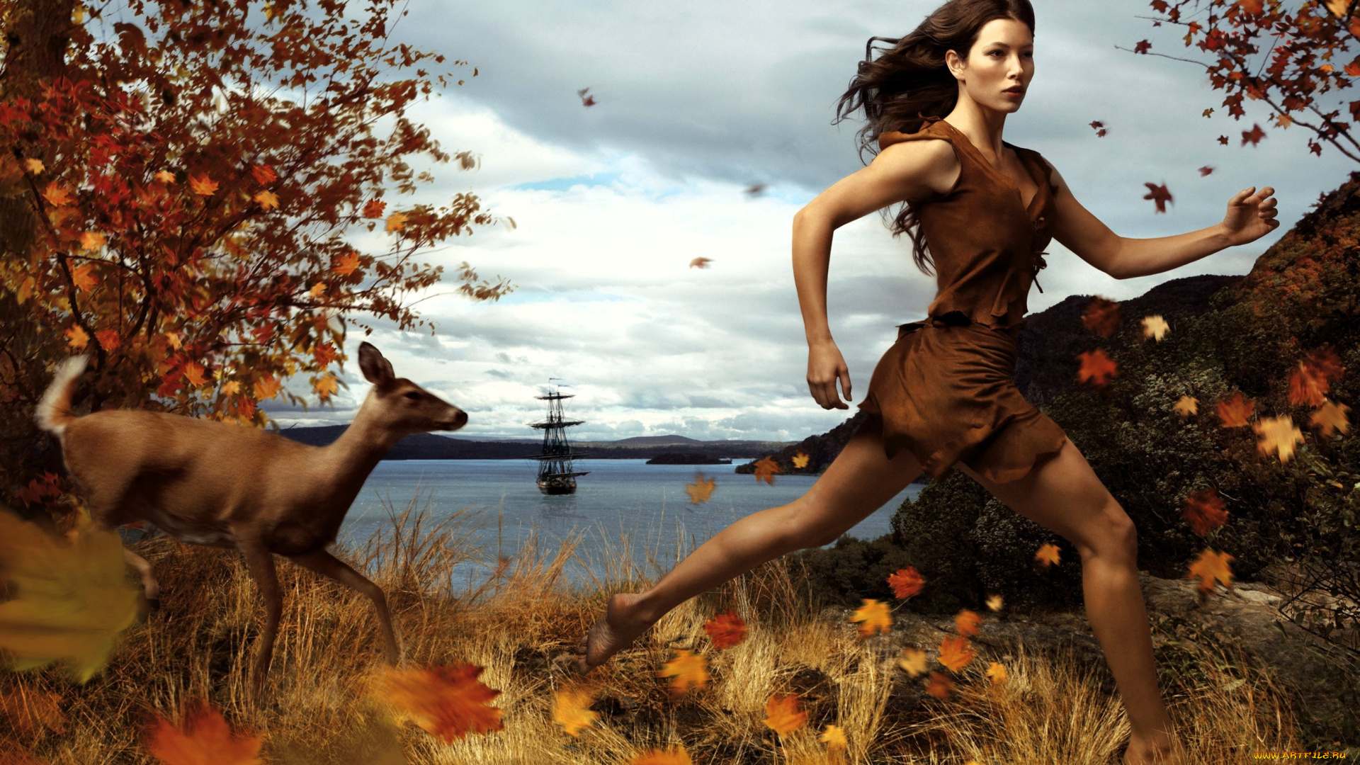 девушки, jessica, biel, шатенка, платье, бег, осень, олень