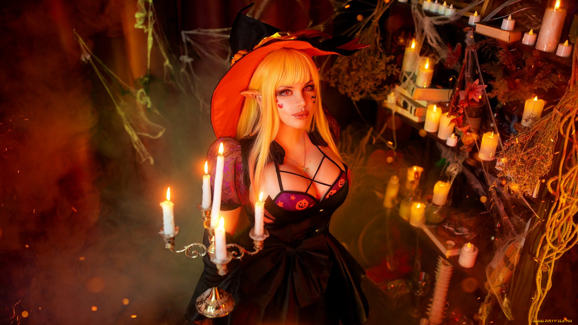девушки, алиса, арефьева, хэллоуин, образ, косплей, ведьма, костюм, наряд, шляпа, платье, тыквы, белье, свечи