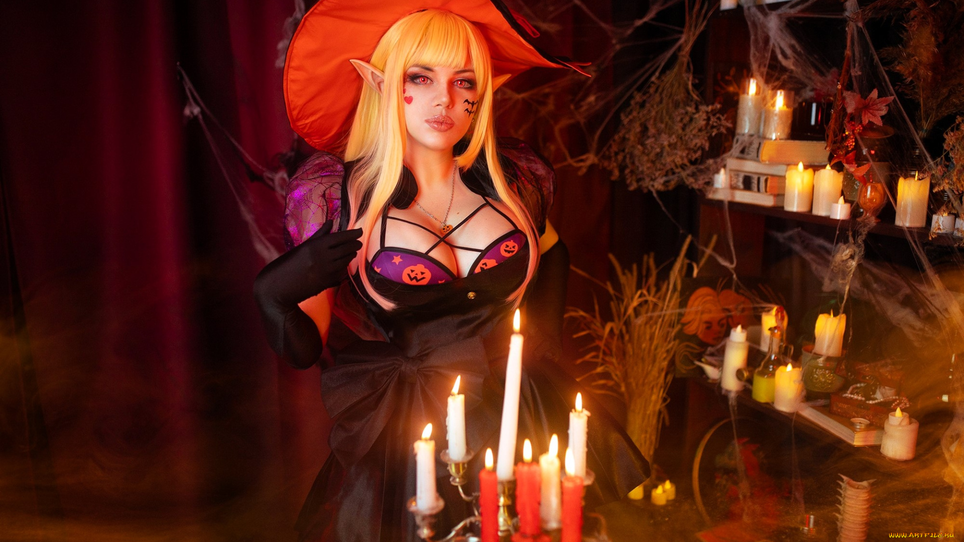 девушки, алиса, арефьева, хэллоуин, образ, косплей, ведьма, костюм, наряд, шляпа, платье, тыквы, белье, свечи