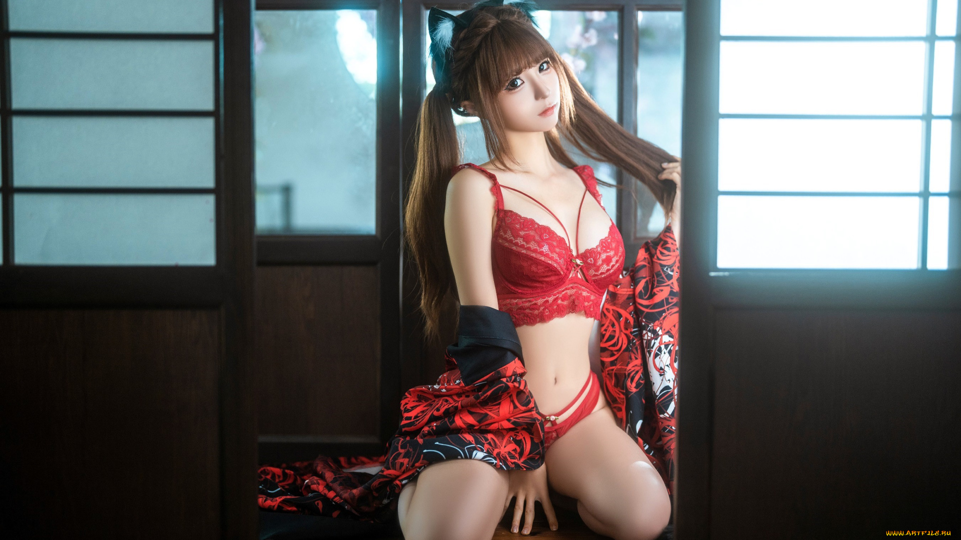 девушки, chun, momo, образ, косплей, наряд, ушки, белье, халат, двери