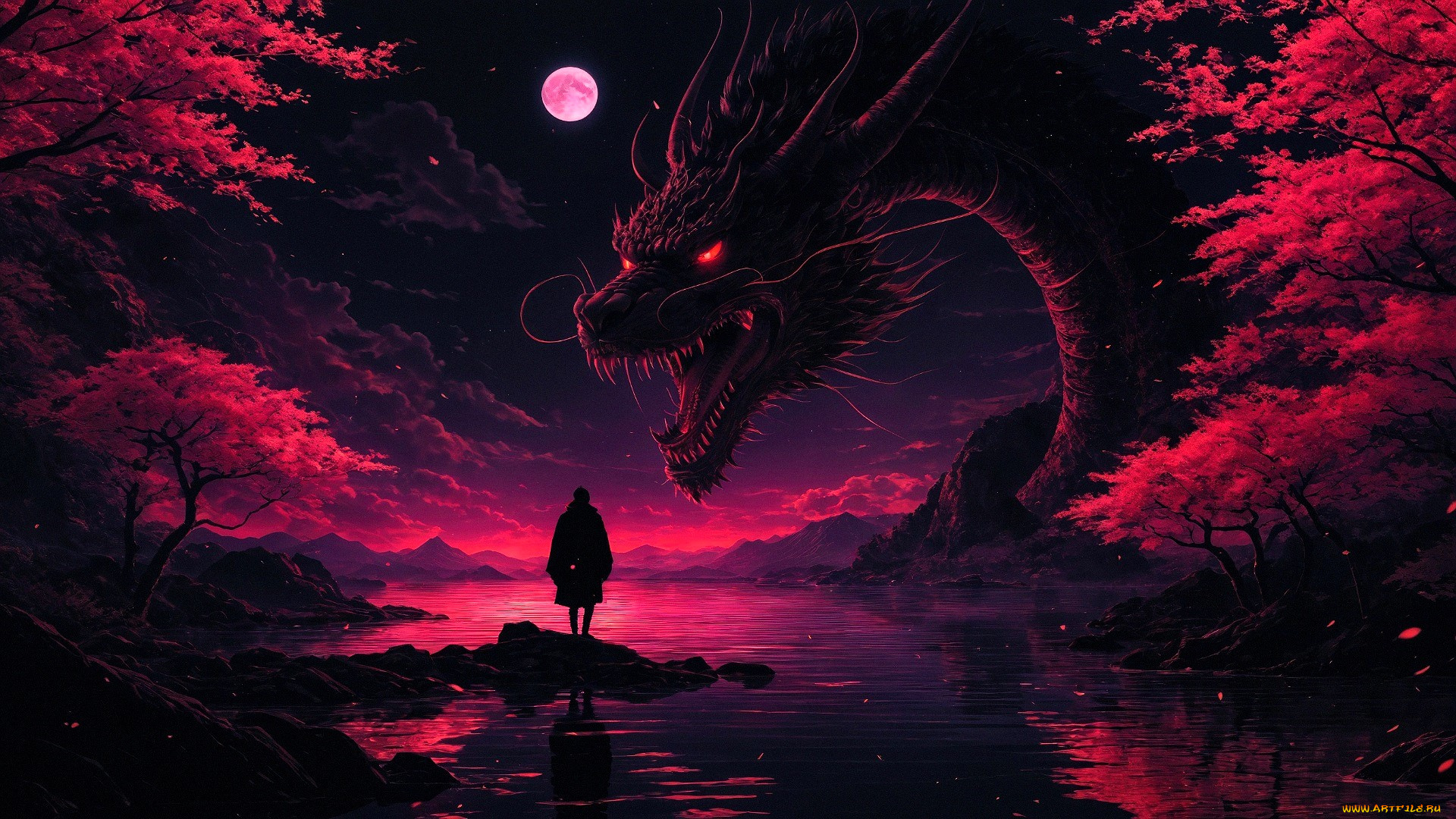 фэнтези, драконы, дракон, человек, луна, деревья, река, горы