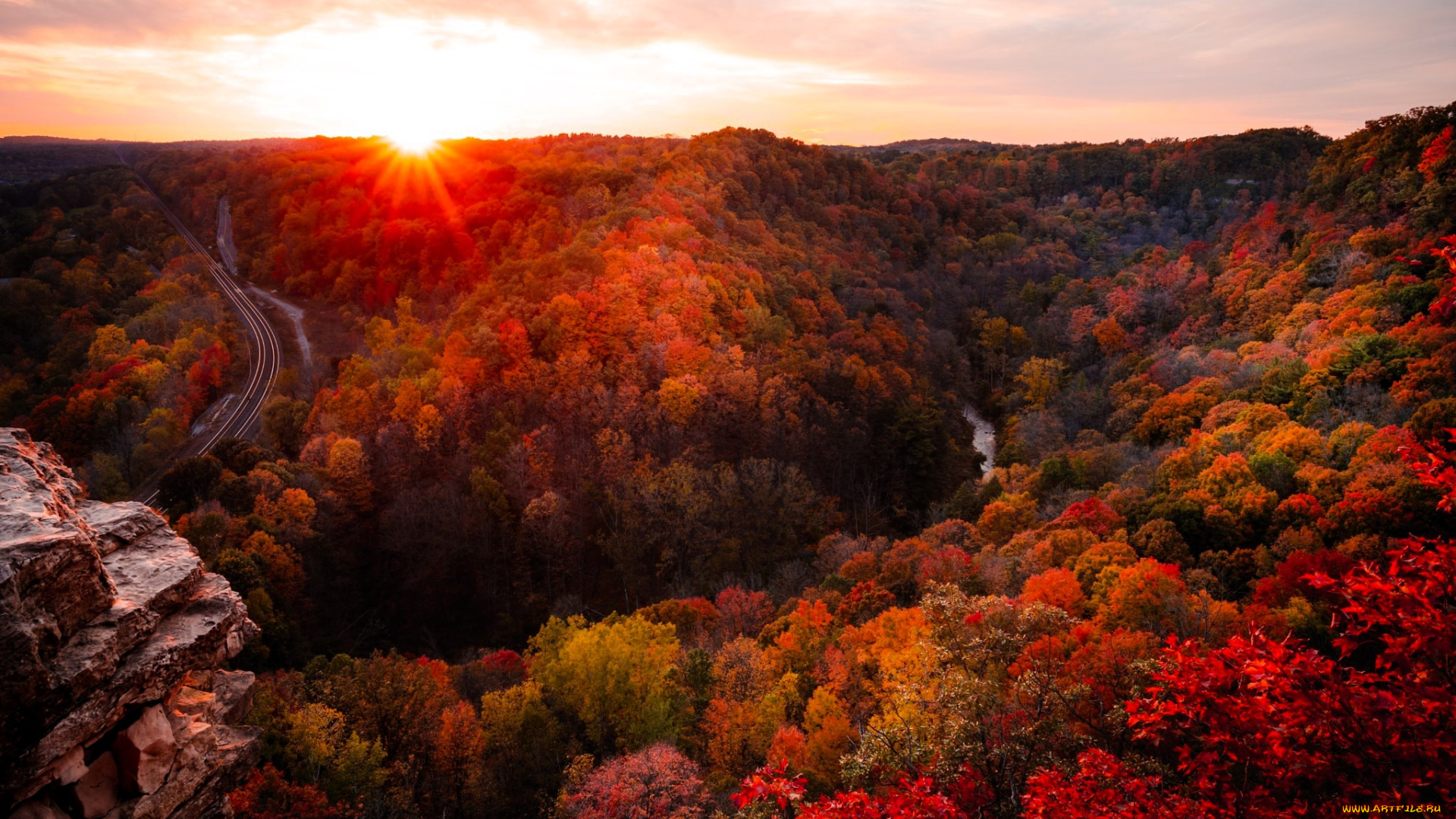природа, лес, закат, осень, горы, река, дорога
