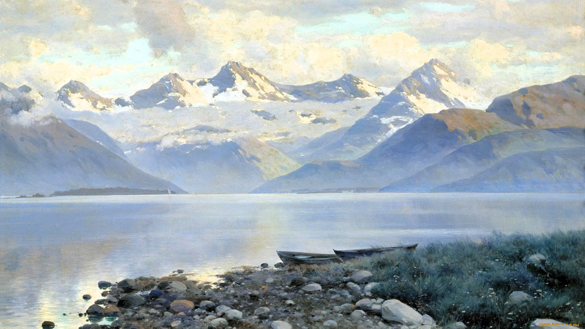 рисованное, константин, крыжицкий, тучи, горы, озеро, лодки, берег, трава, камни