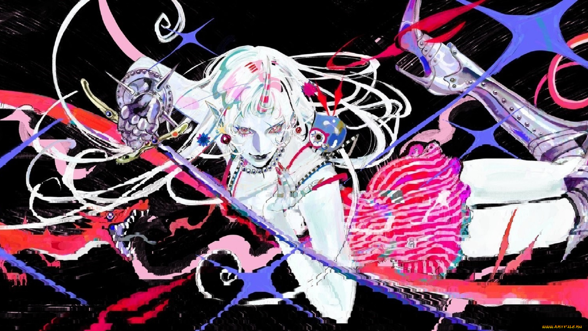 рисованное, люди, девушка, звезды, ленты, оружие