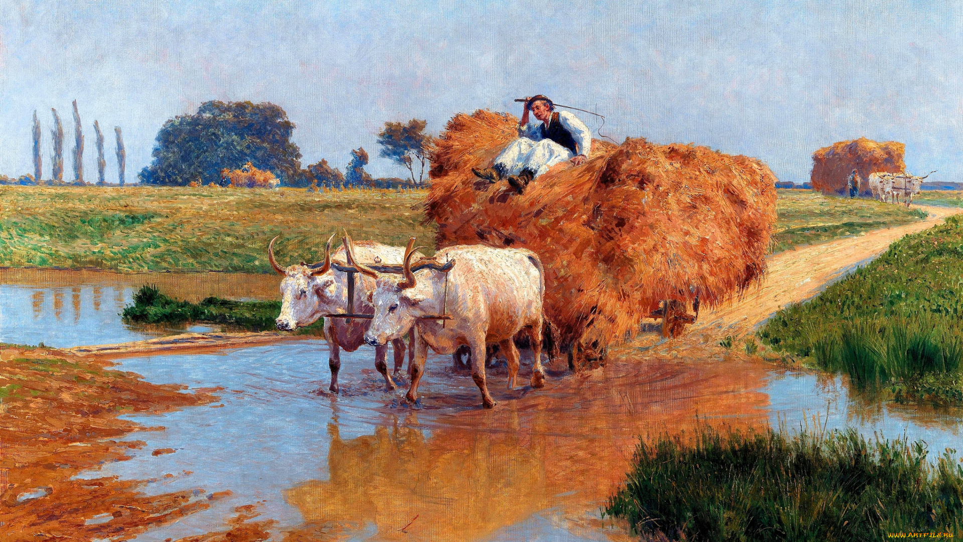 рисованное, живопись, волы, крестьянин, телега, сено, речка, поля, деревья, дорога