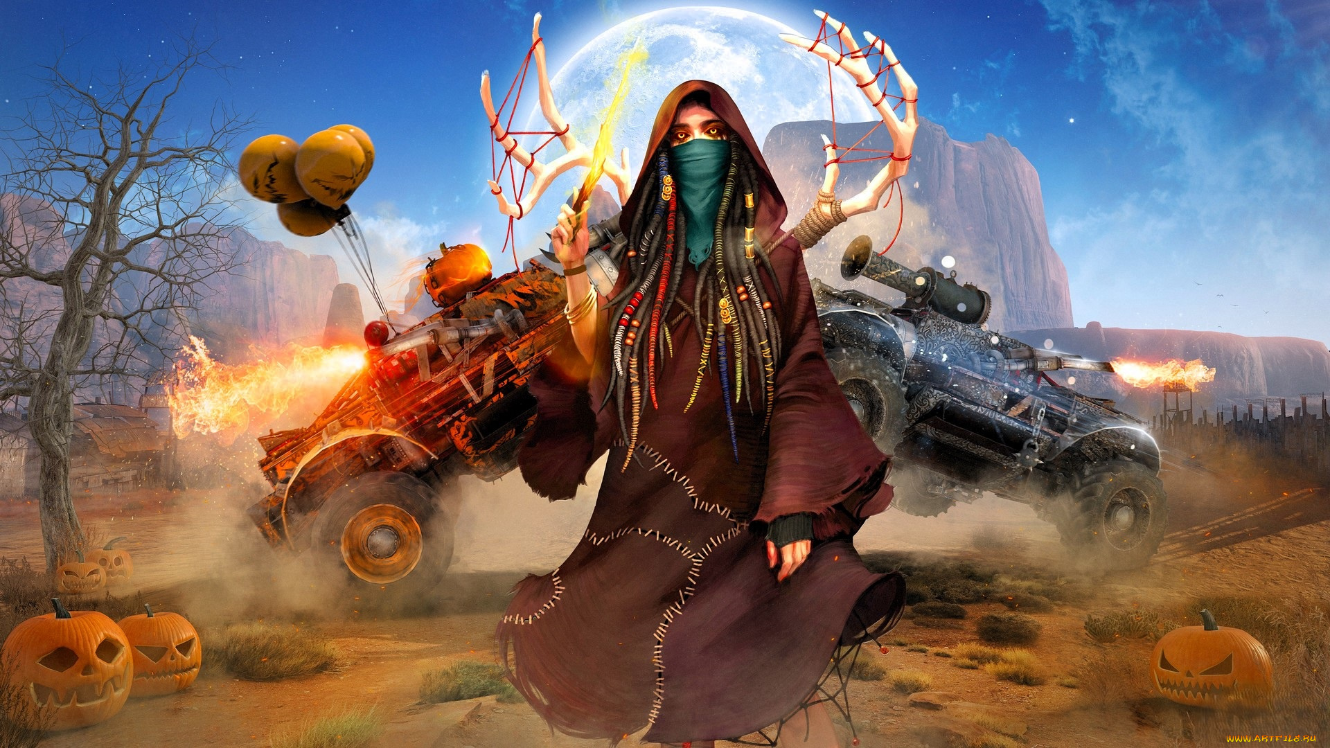 видео, игры, crossout, женщина, рога, шарики, машины, тыквы, скалы