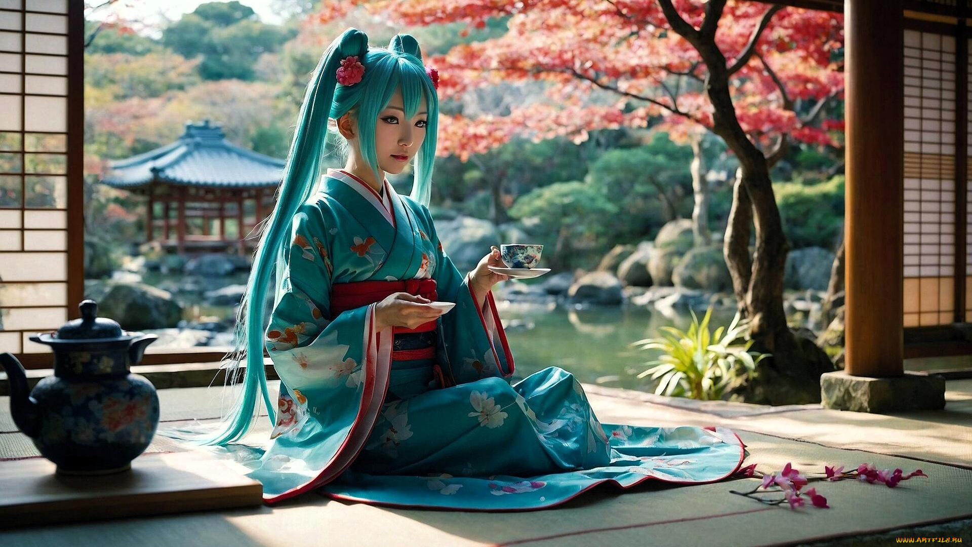 vocaloid, 3д, графика, аниме, , anime, девушка, голубые, волосы, кимоно, двор, сад, осень, дома, здания, чай