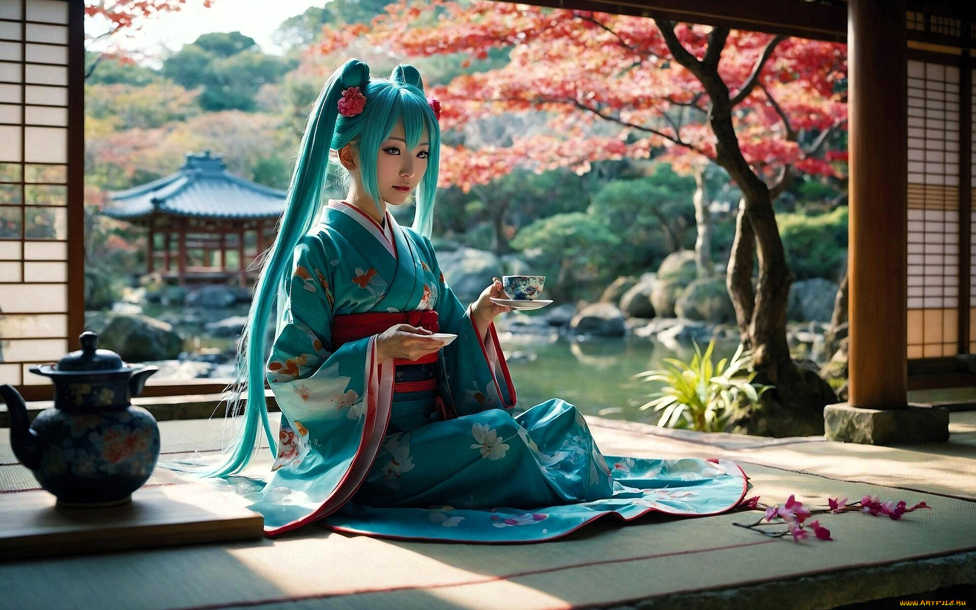 vocaloid, 3д, графика, аниме, , anime, девушка, голубые, волосы, кимоно, двор, сад, осень, дома, здания, чай