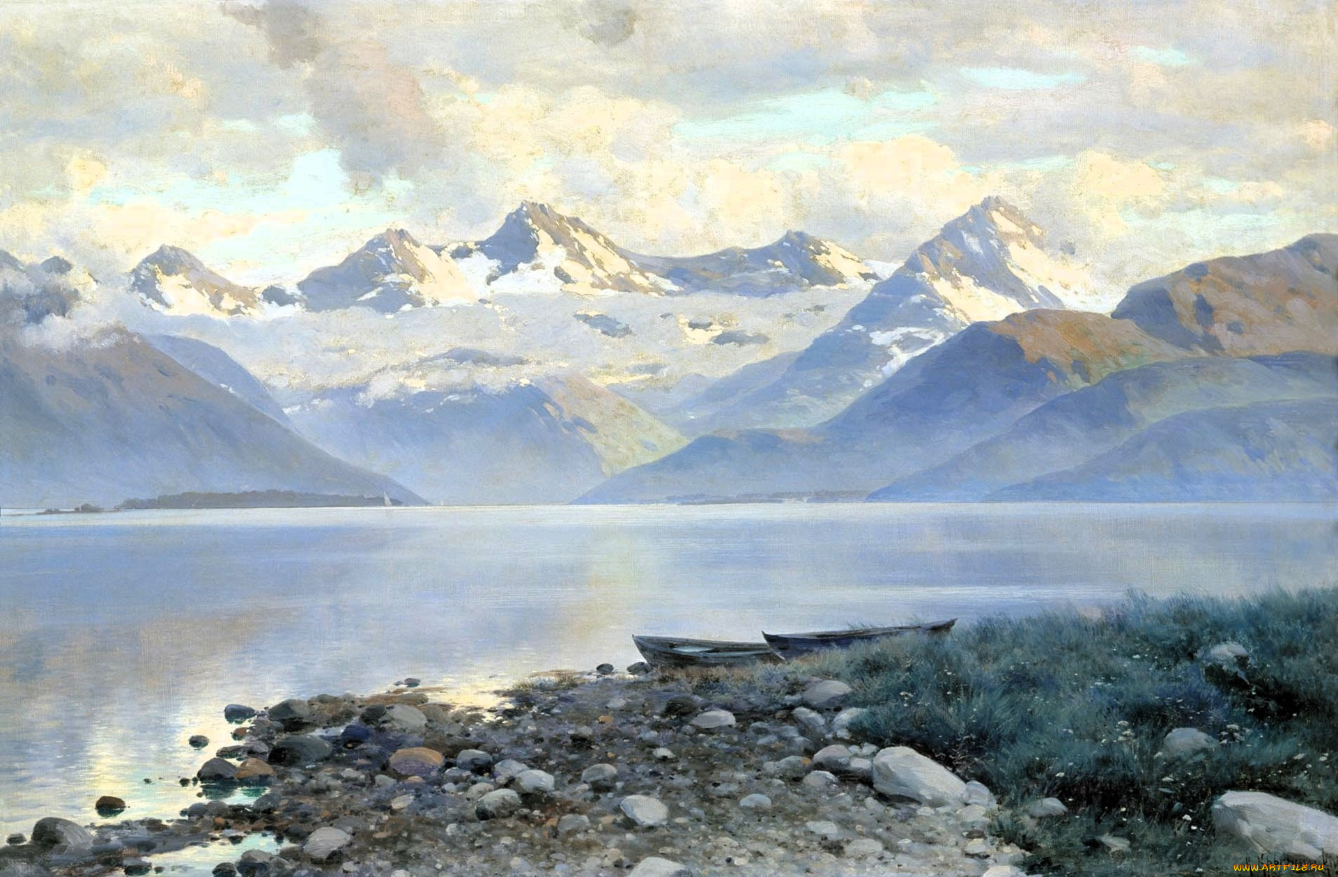 рисованное, константин, крыжицкий, тучи, горы, озеро, лодки, берег, трава, камни