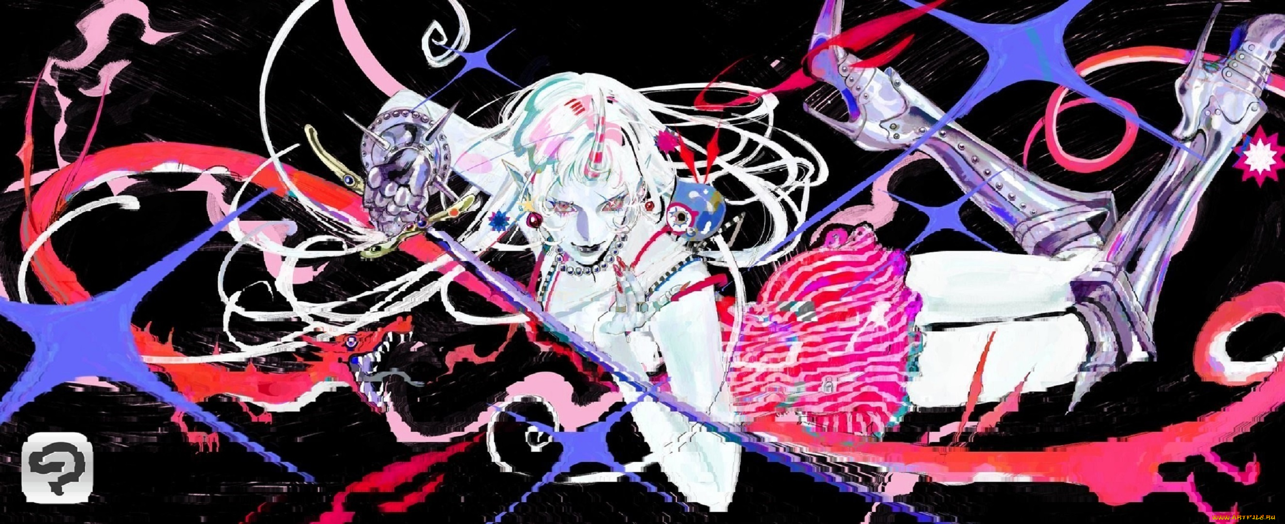 рисованное, люди, девушка, звезды, ленты, оружие