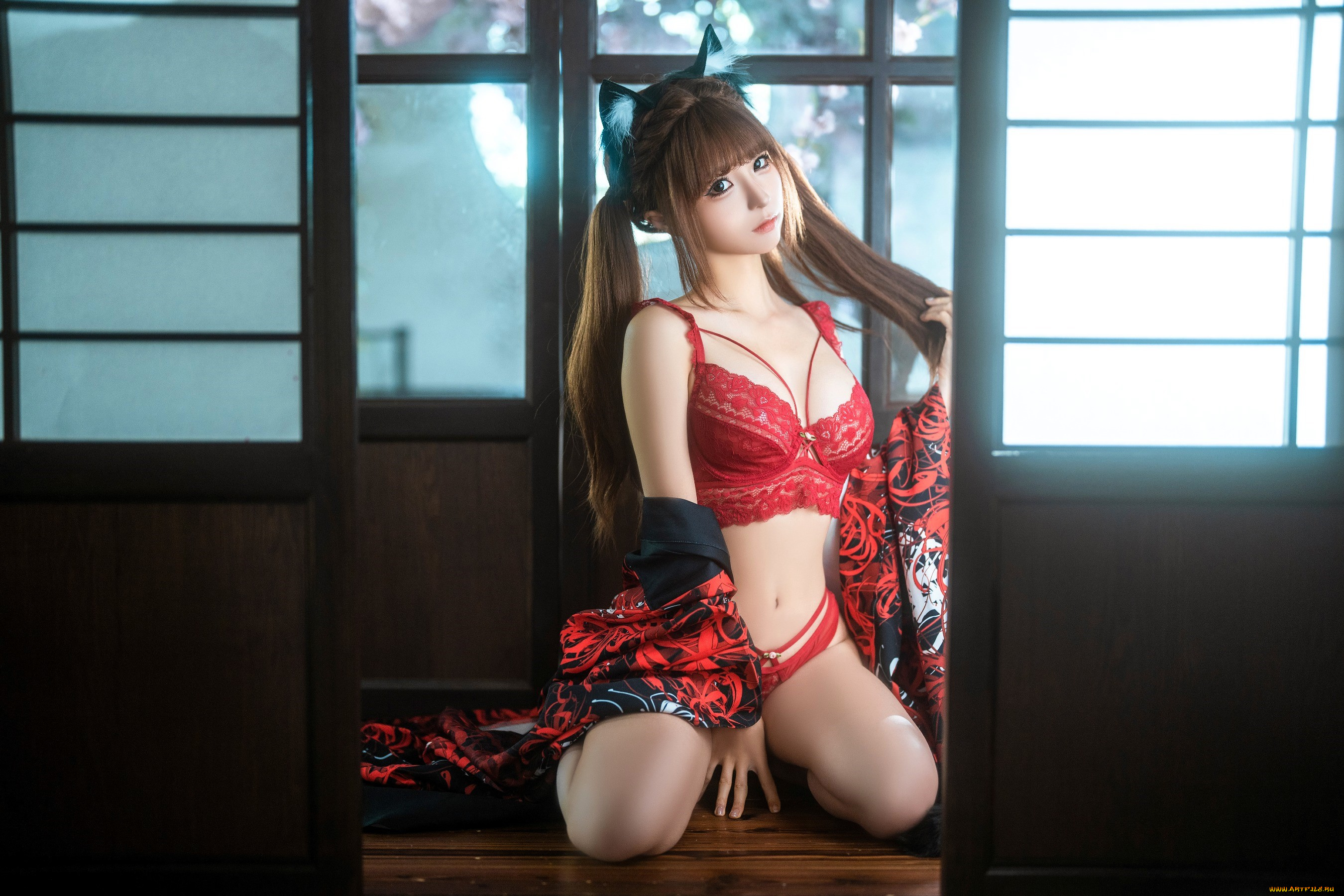 девушки, chun, momo, образ, косплей, наряд, ушки, белье, халат, двери