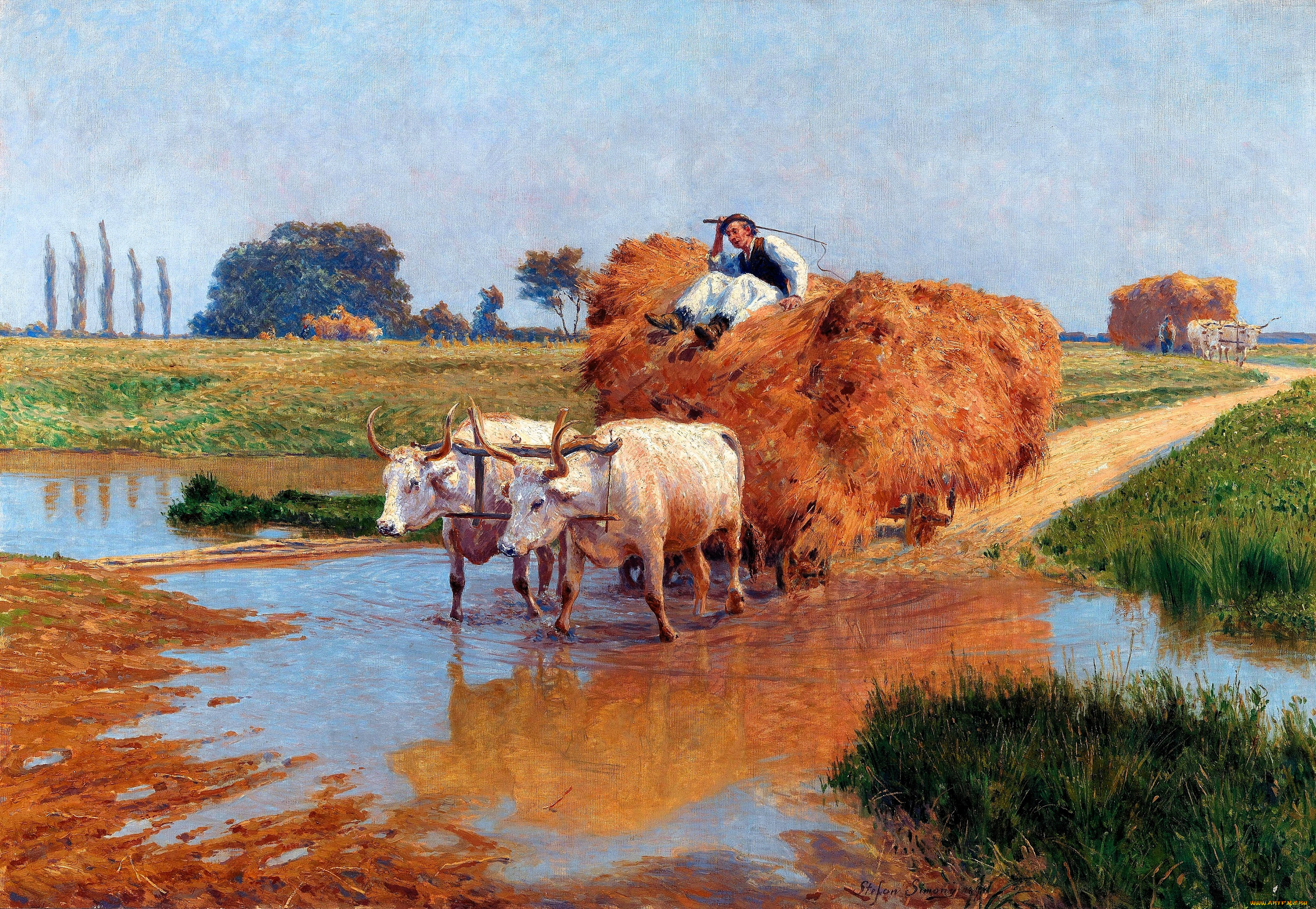 рисованное, живопись, волы, крестьянин, телега, сено, речка, поля, деревья, дорога