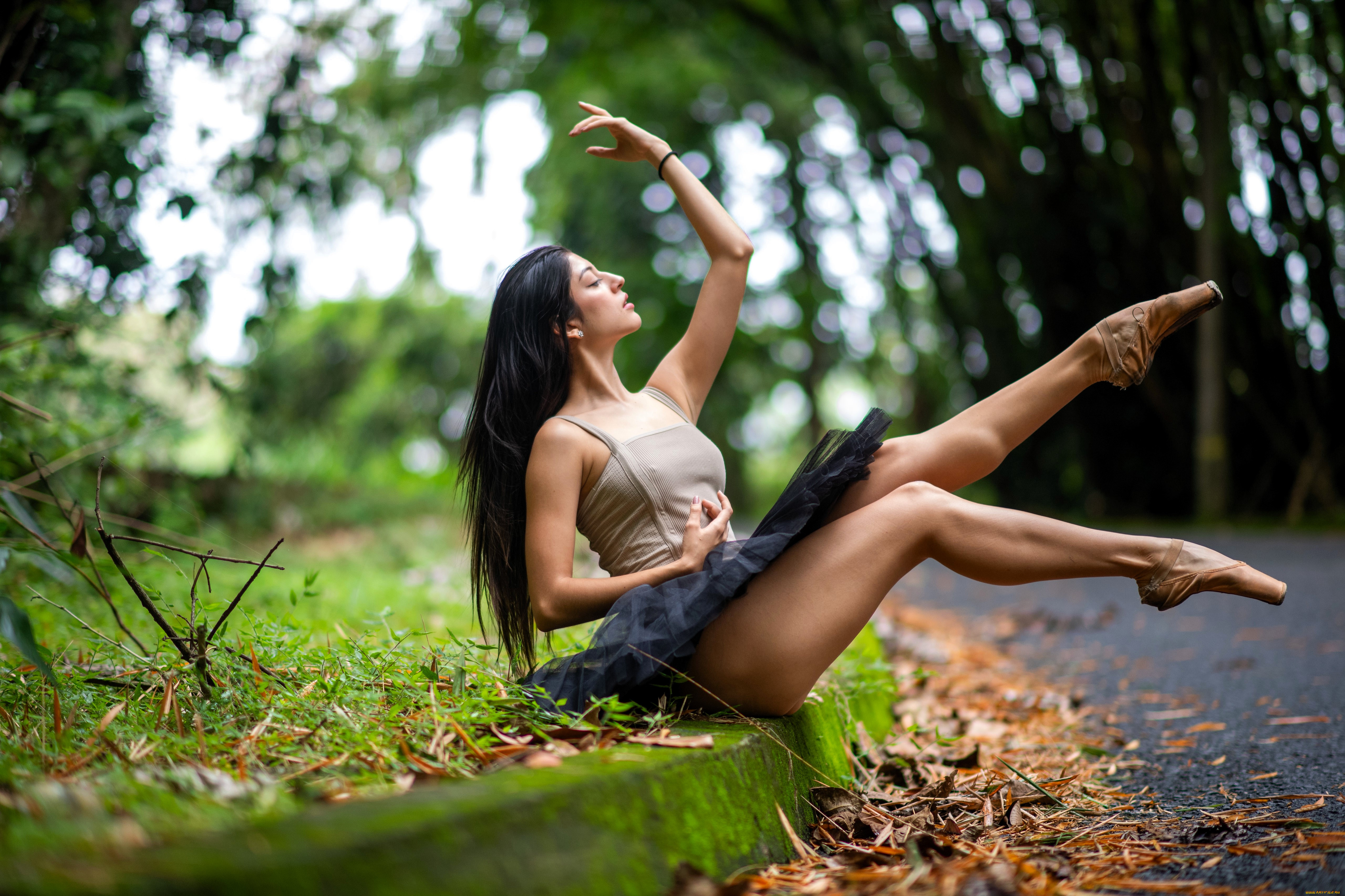 девушки, -, брюнетки, , шатенки, брюнетка, балерина, пачка, пуанты, дорожка, листья, деревья