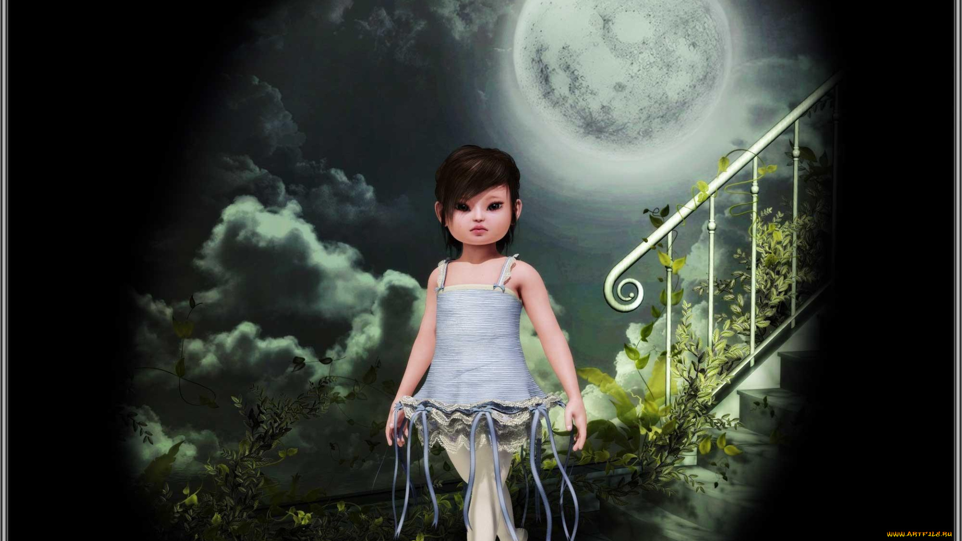 3д, графика, horror, ужас, девушка, луна