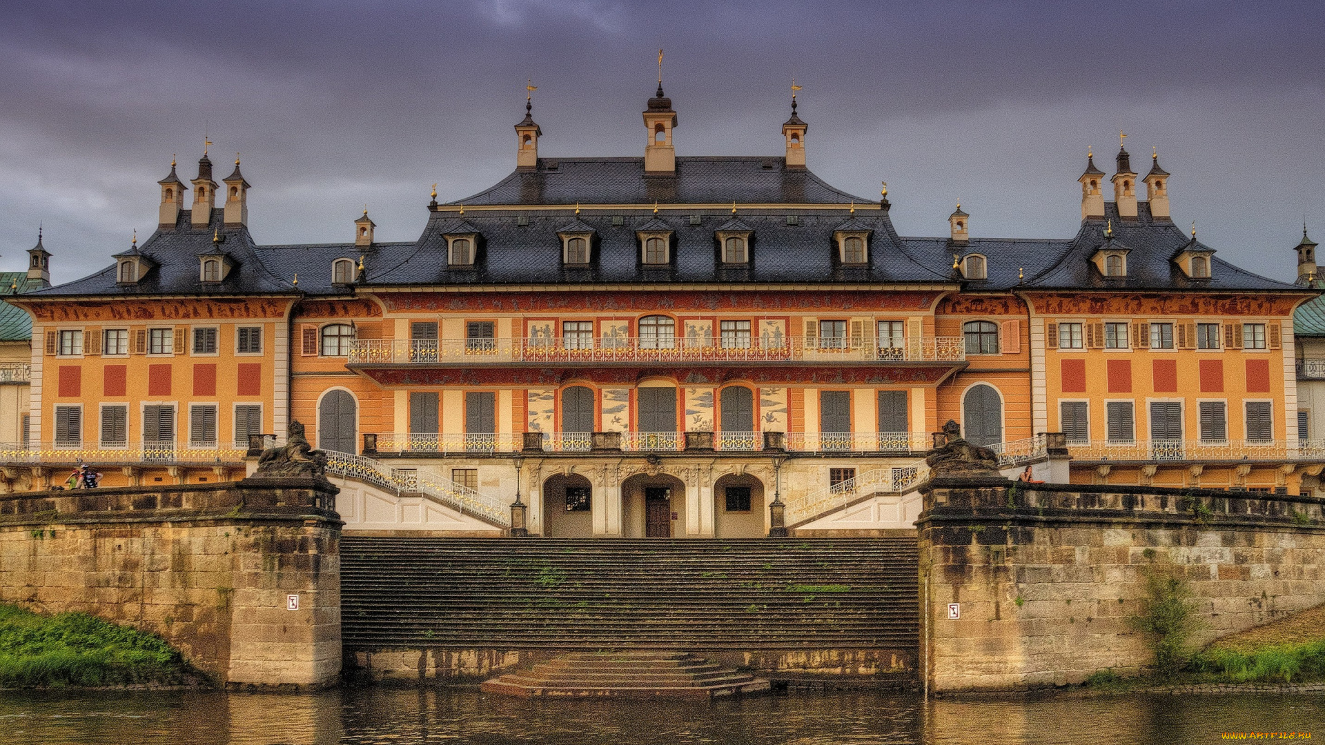 дворец, шлез, пилниц, германия, города, дворцы, замки, крепости, вода, ступени, крыша
