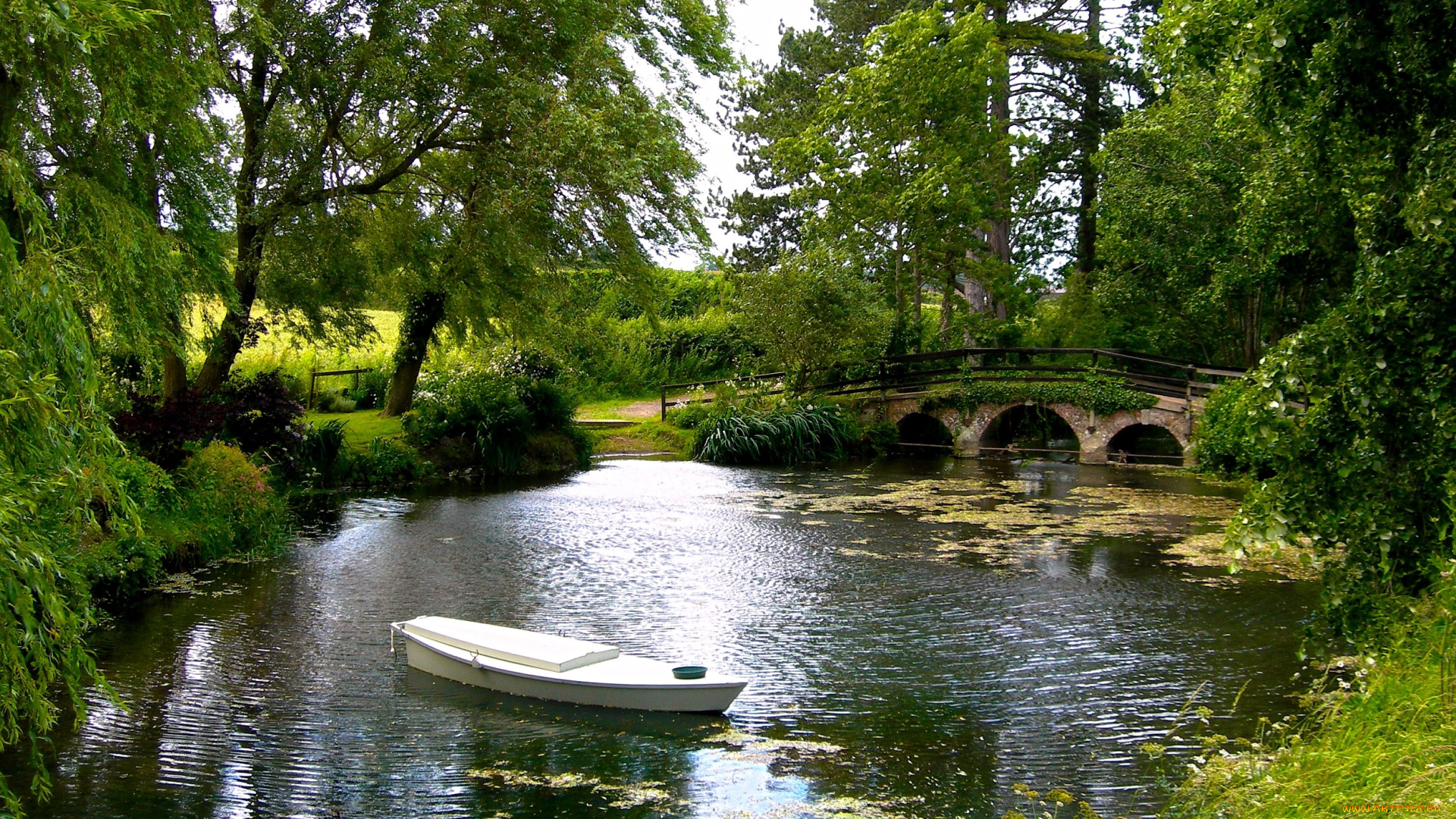 природа, парк, пруд, мост, деревья, лодка