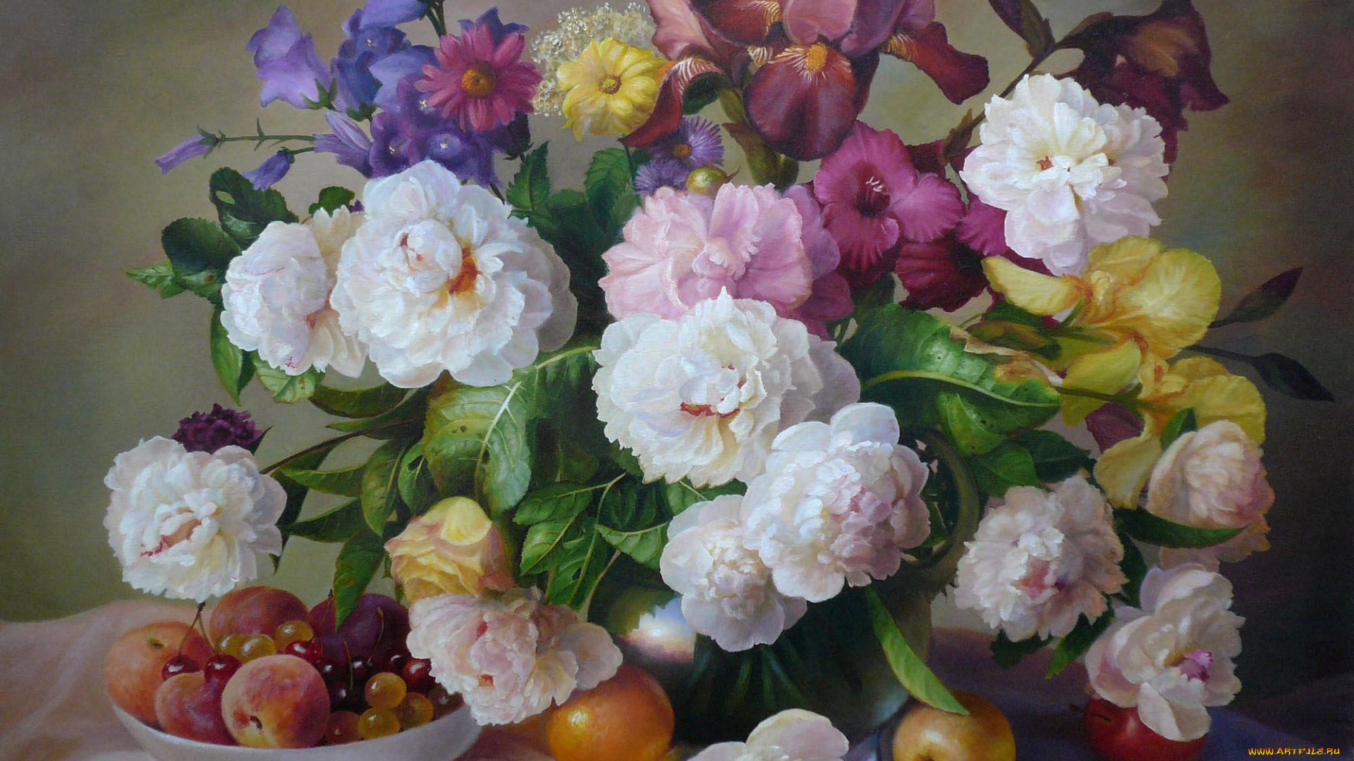 zbigniew, kopania, рисованные, фрукты, букет, ирисы, пионы