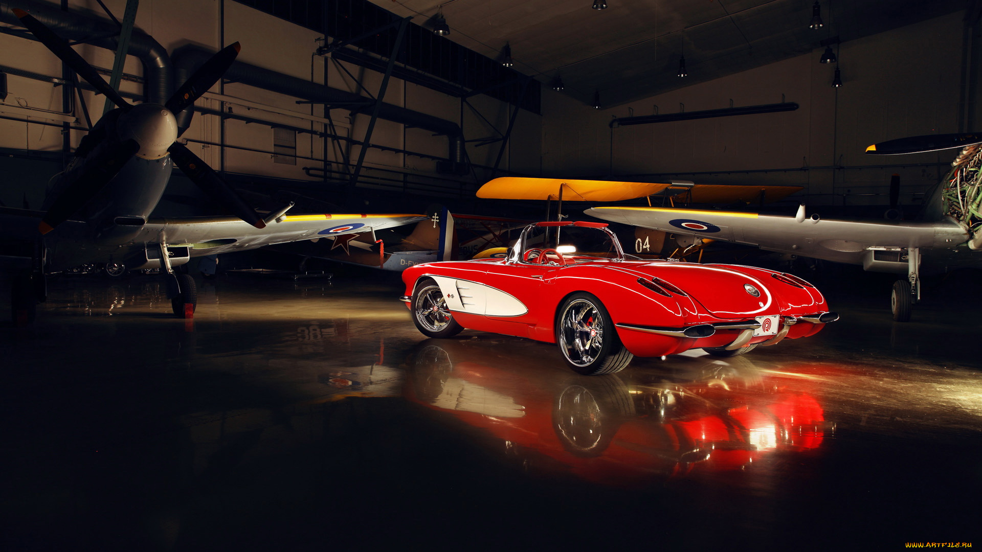автомобили, corvette, ангар, самолет, автомобиль