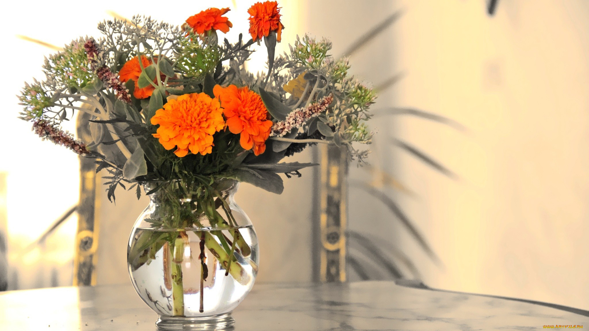 цветы, букеты, композиции, ваза, бархатцы, букет