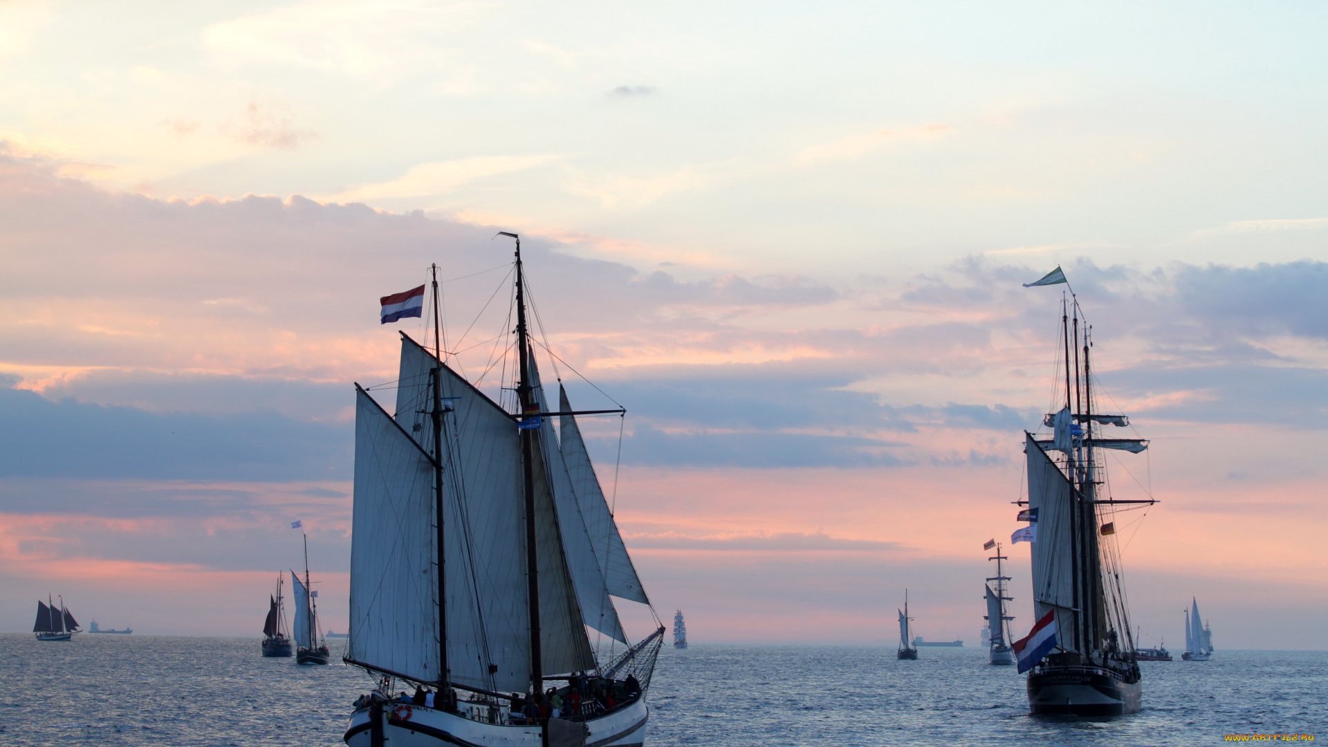 корабли, парусники, море, облака