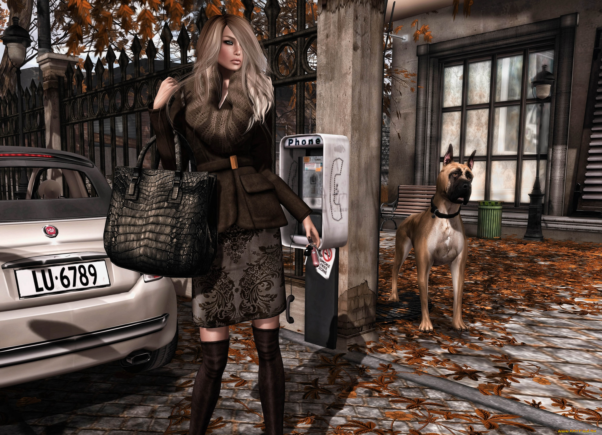 3д, графика, people, люди, телефон, улица, сумка, девушка, собака, дог