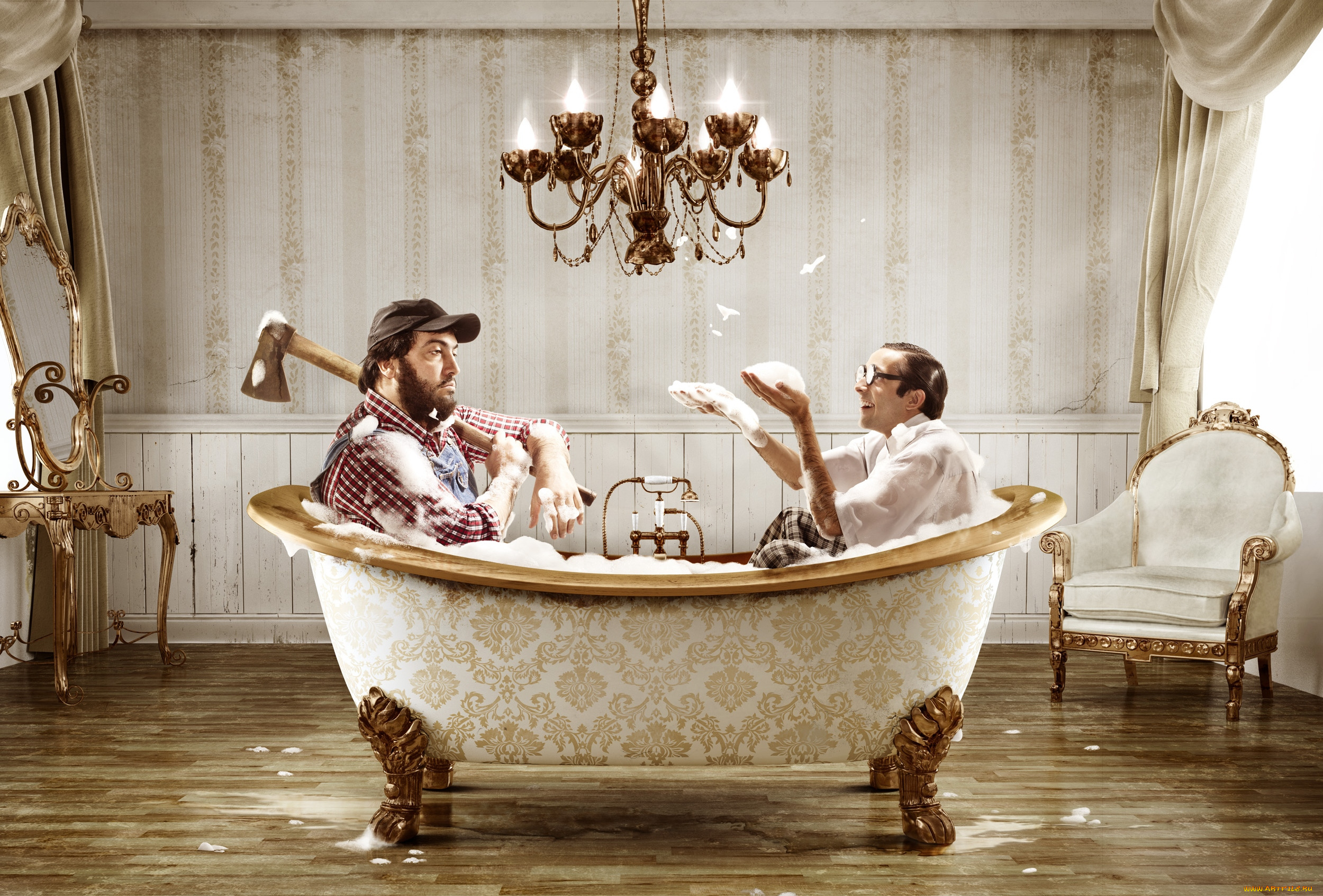 юмор, приколы, топор, ванна, люстра, лесоруб, пена, очкарик, ботан