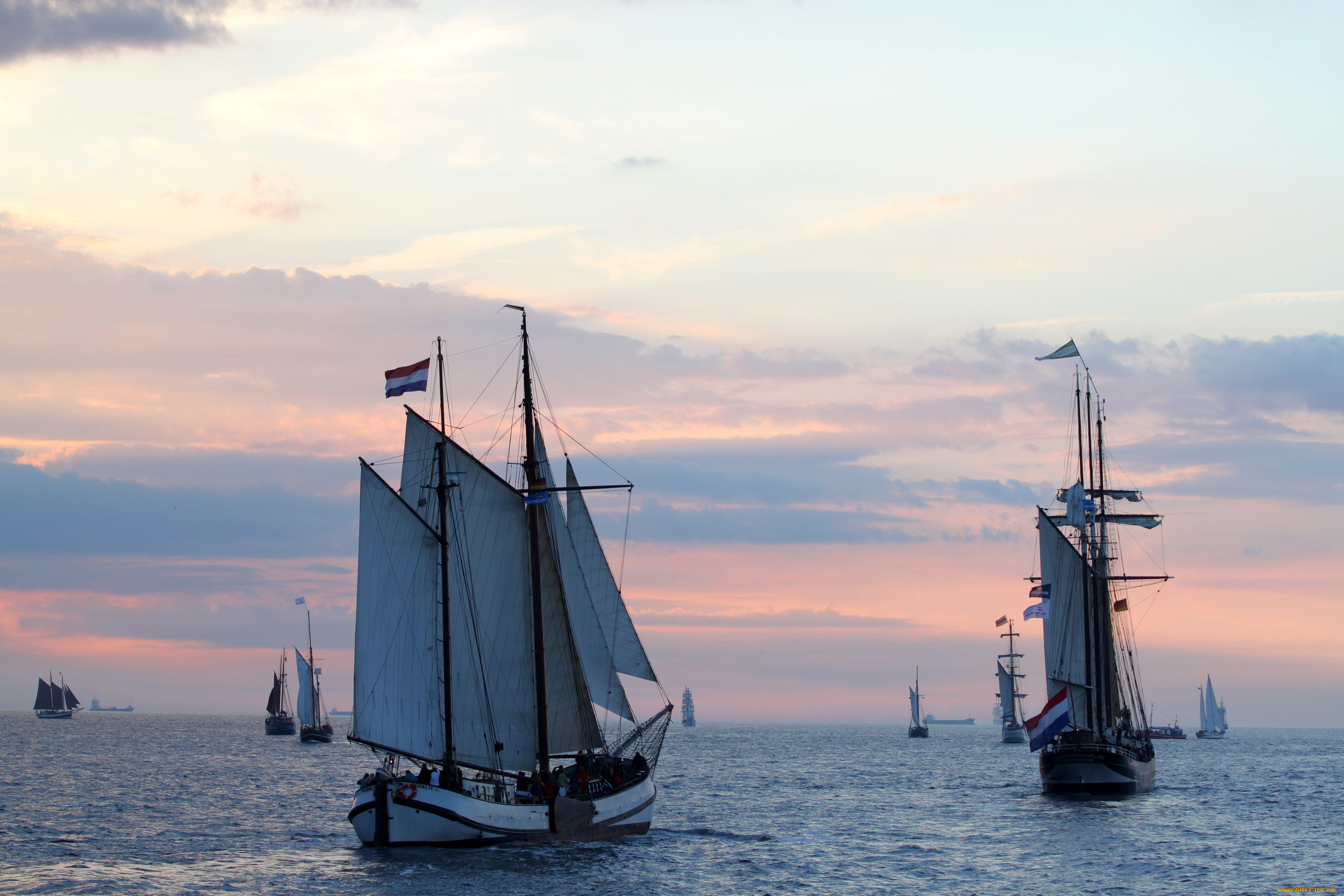 корабли, парусники, море, облака