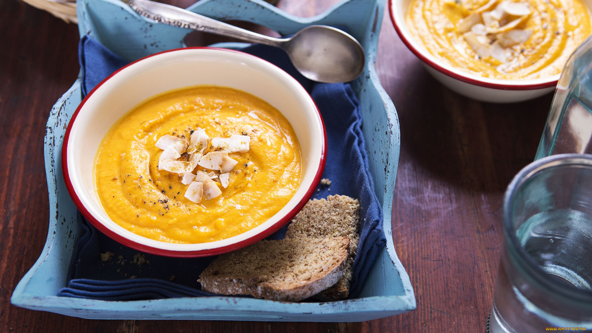 carrot, coconut, soup, еда, первые, блюда, суп-пюре, хлеб, вода