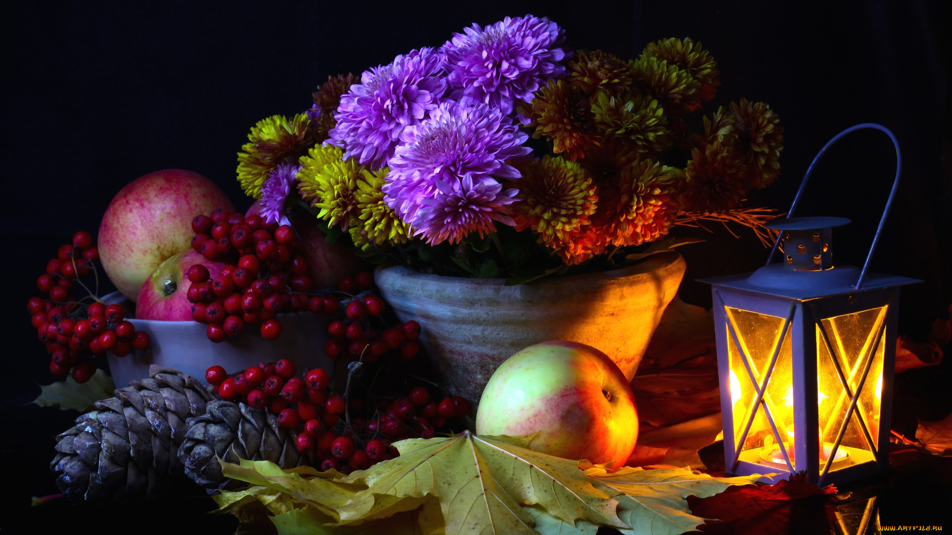 еда, натюрморт, шишки, рябина, яблоки, фонарь, хризантемы
