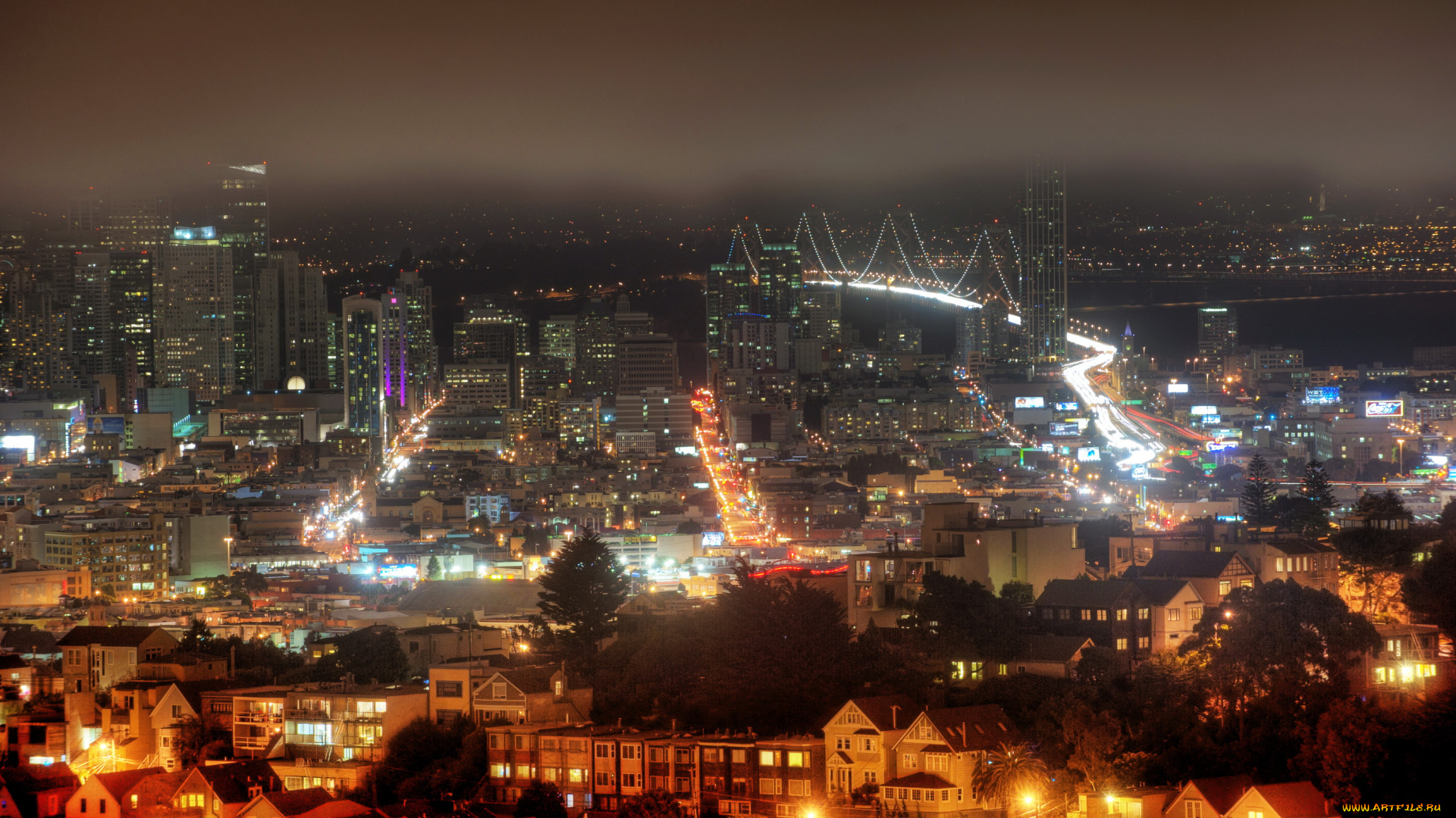 города, сан, франциско, сша, san, francisco, california, ночь, огни, панорама, дома