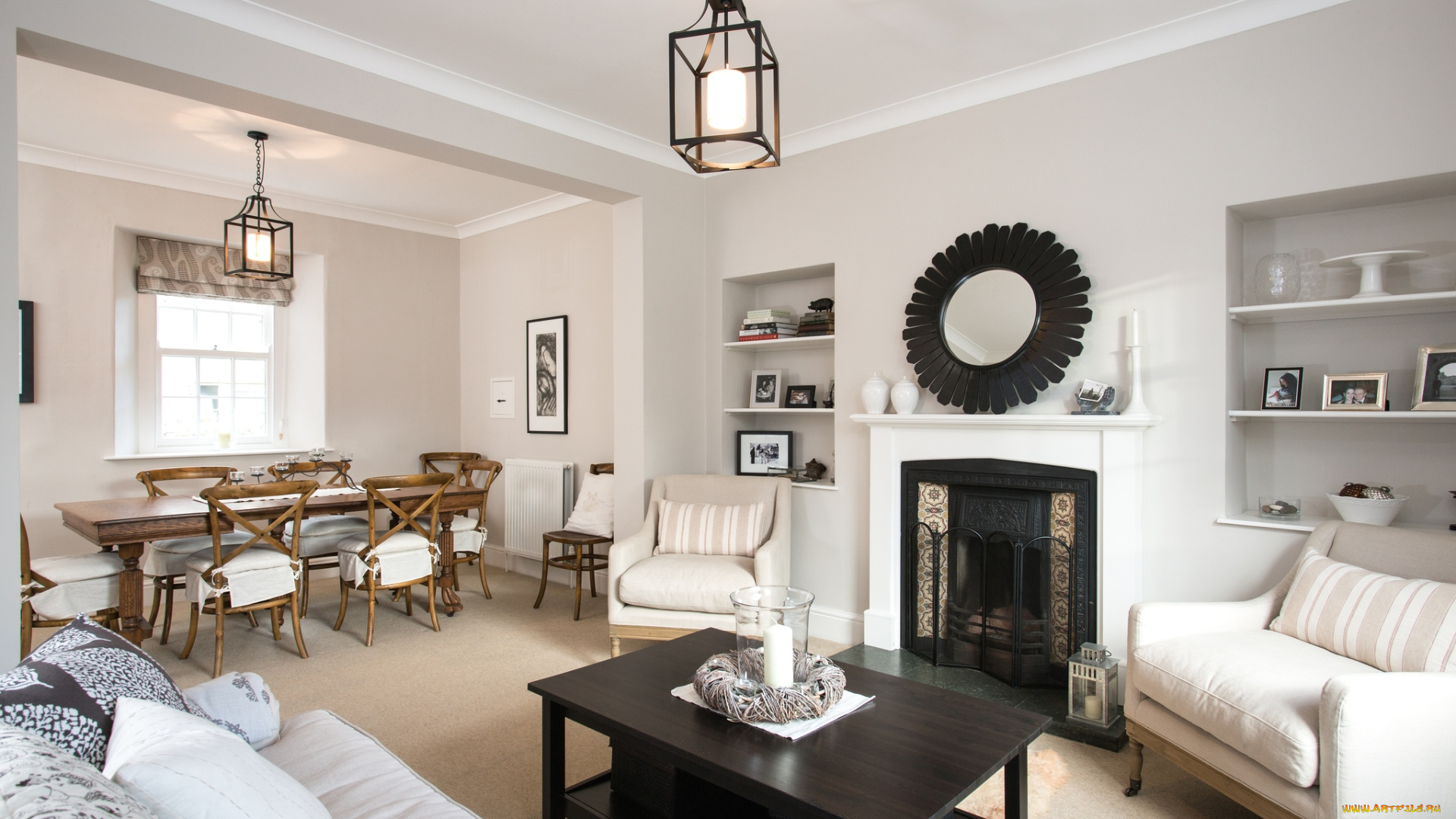 интерьер, гостиная, камин, зеркало, диваны