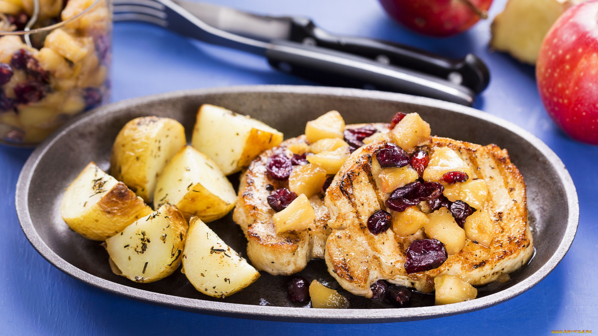 pork, chops, with, apple, chutney, еда, мясные, блюда, свиные, отбивные, картофель