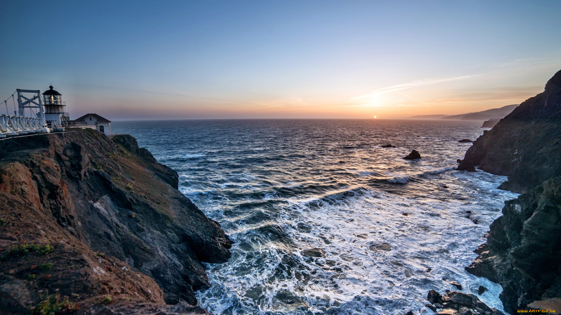 природа, маяки, горизонт, маяк, скалы, бухта, солнце, океан