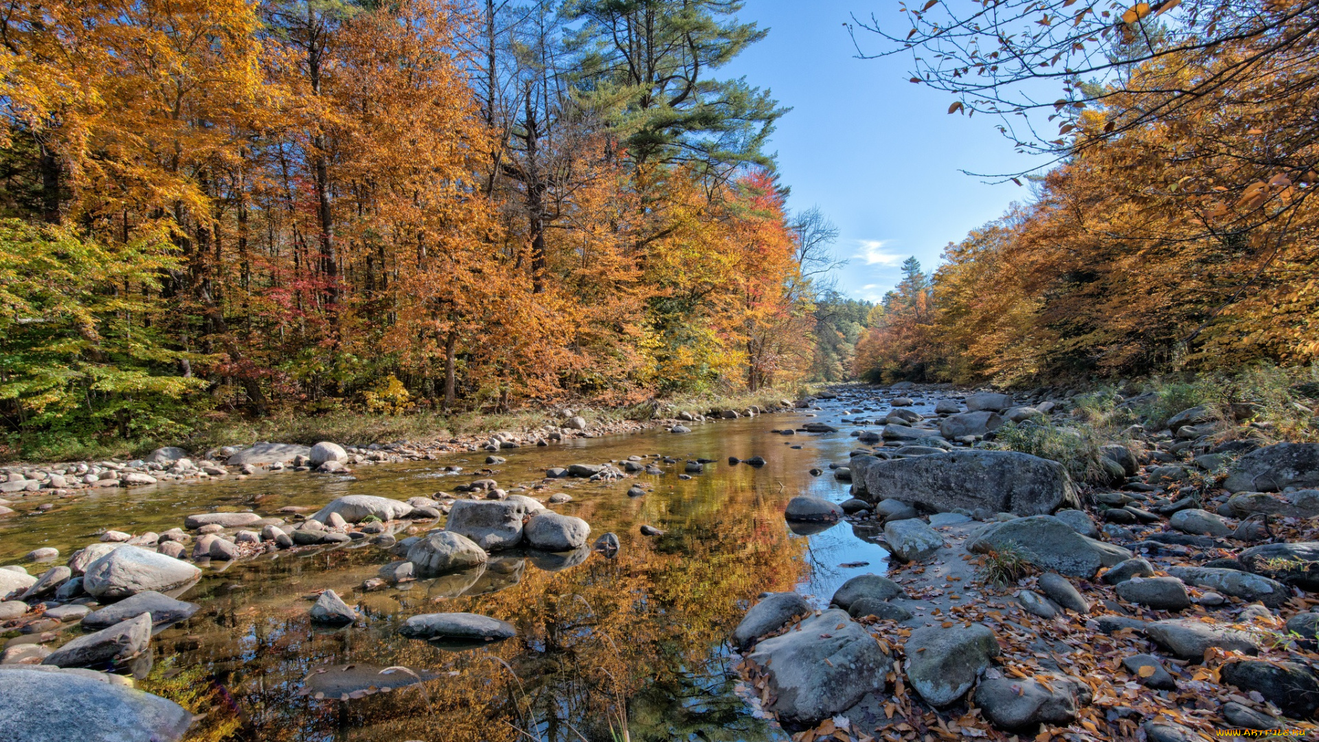природа, радуга, камни, река, лес, осень