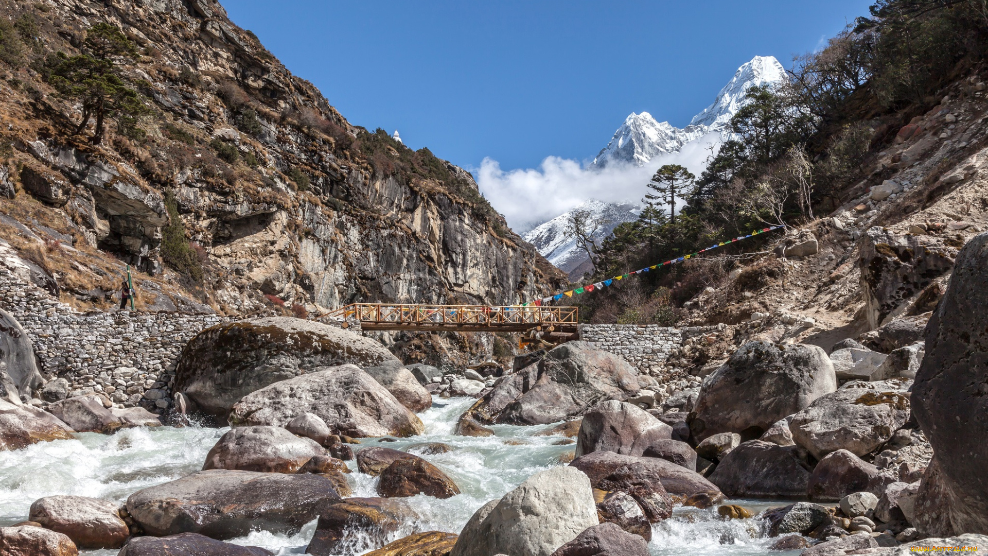 природа, реки, озера, мост, пороги, камни, река, ущелье, горы