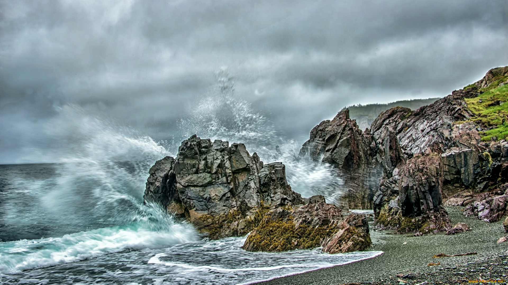 природа, стихия, пена, брызги, прибой, скалы, берег, океан