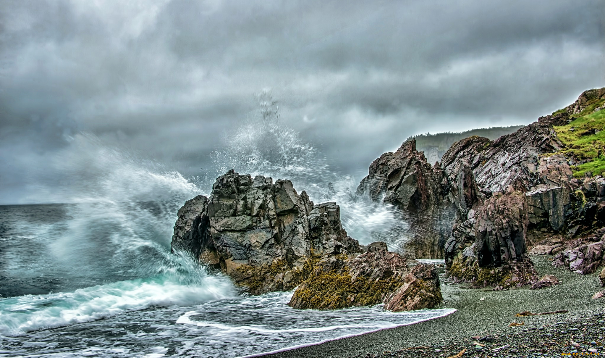 природа, стихия, пена, брызги, прибой, скалы, берег, океан