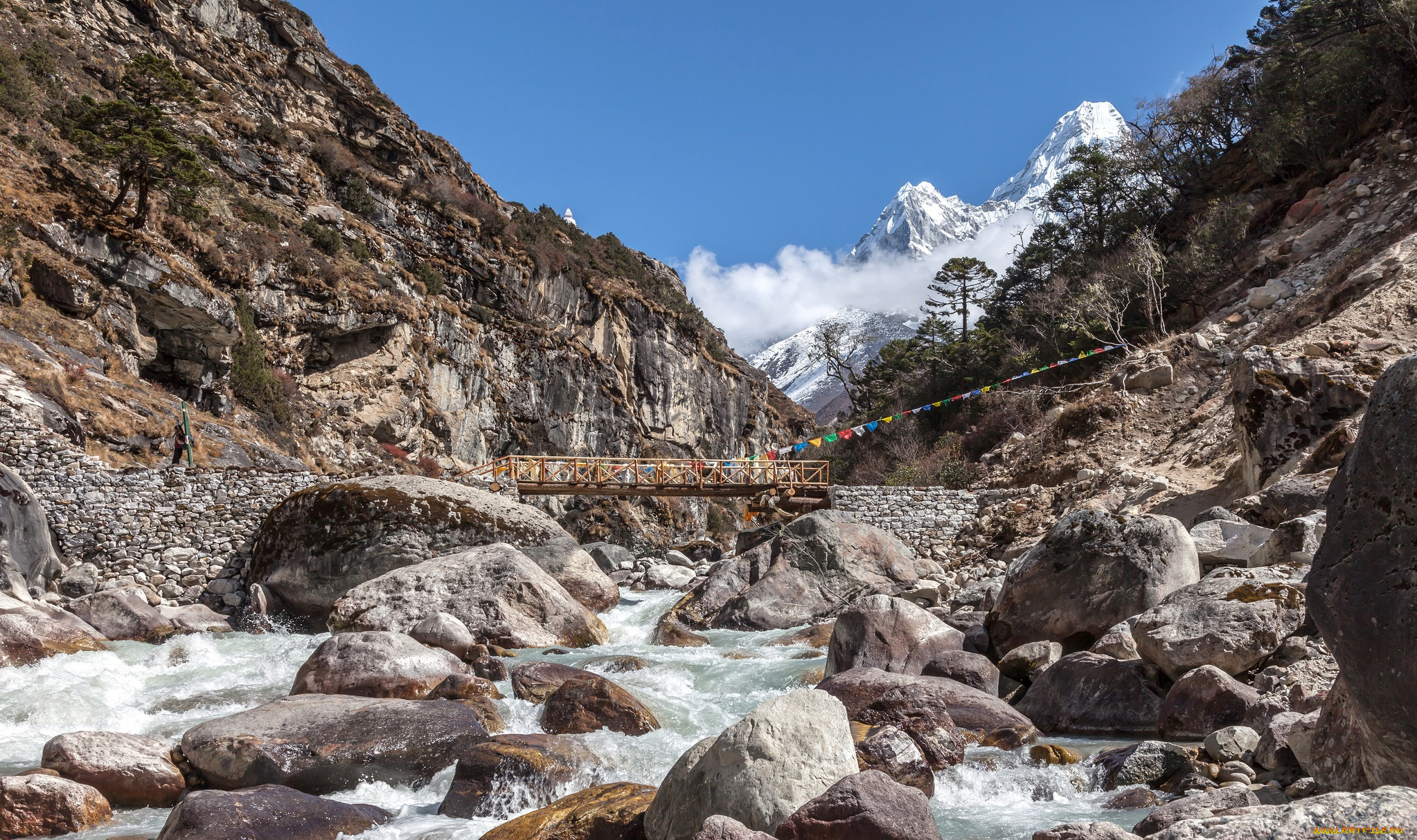 природа, реки, озера, мост, пороги, камни, река, ущелье, горы