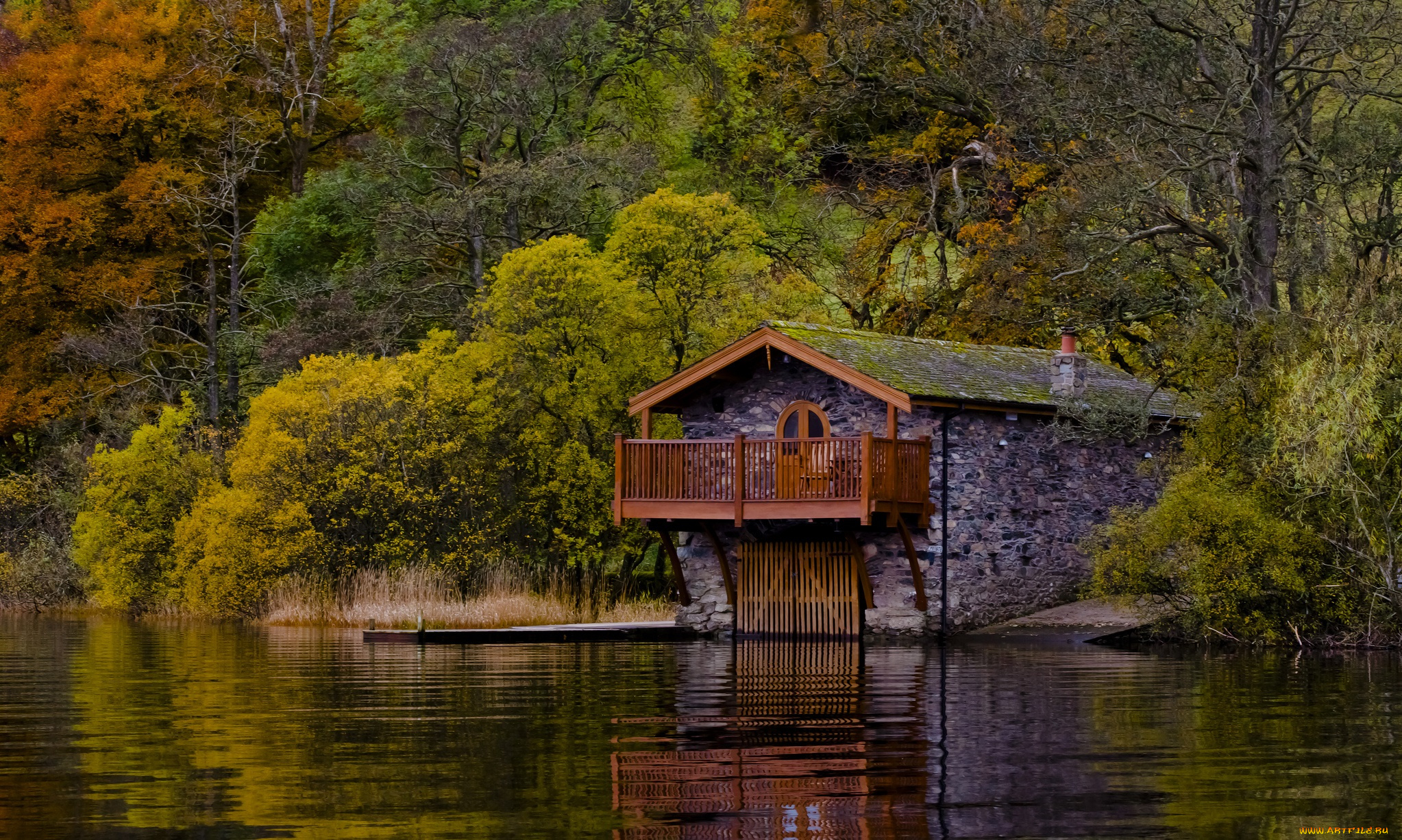 природа, реки, озера, лодочный, сарай, река, лес, осень
