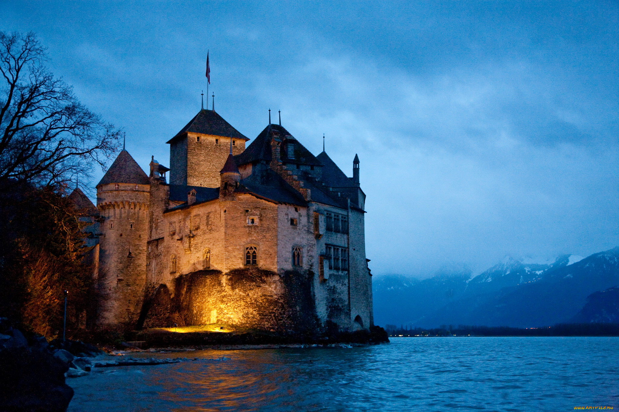 castle, chillon, швейцария, города, шильонский, замок, ночь, огни, озеро