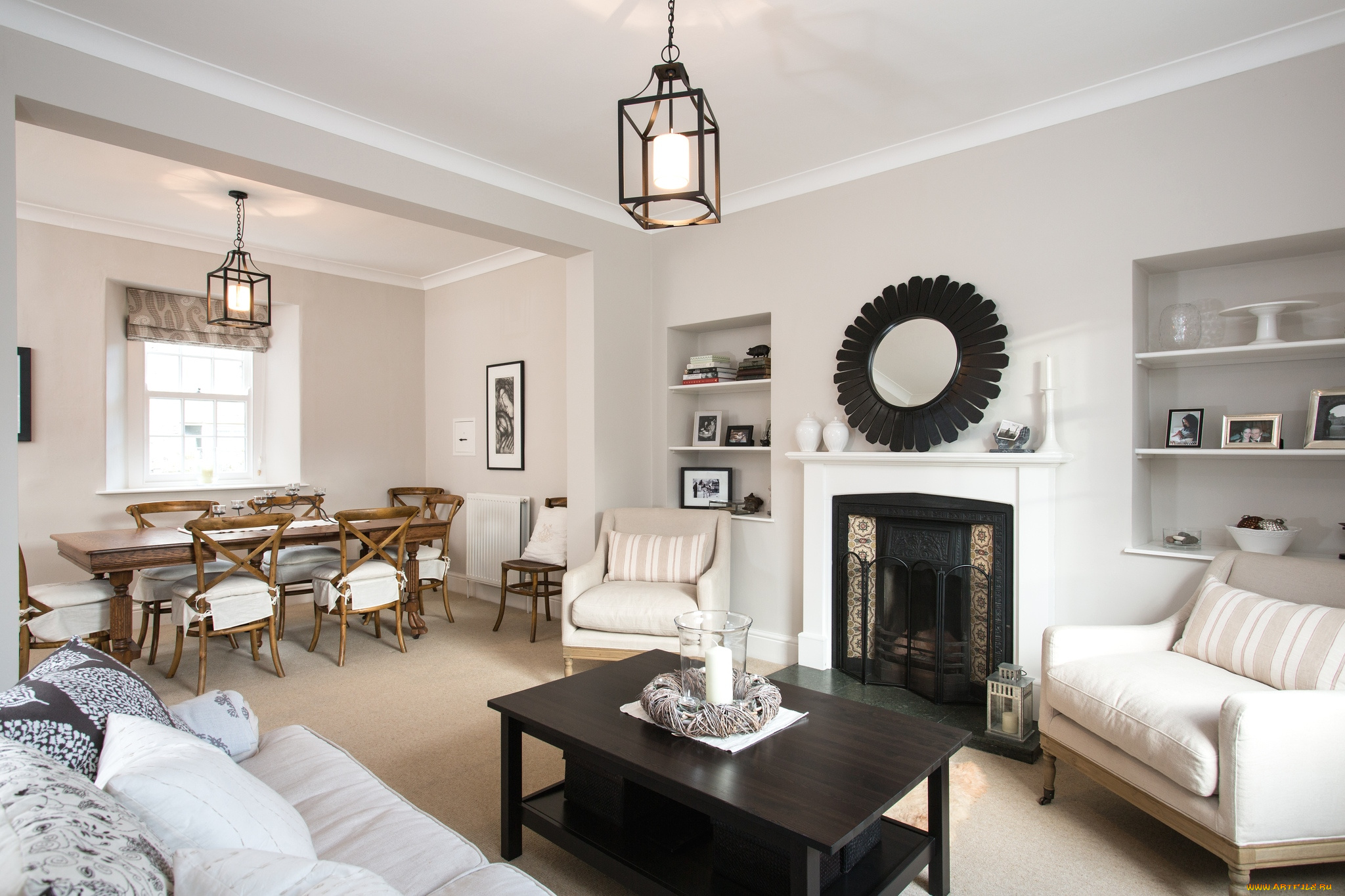 интерьер, гостиная, камин, зеркало, диваны