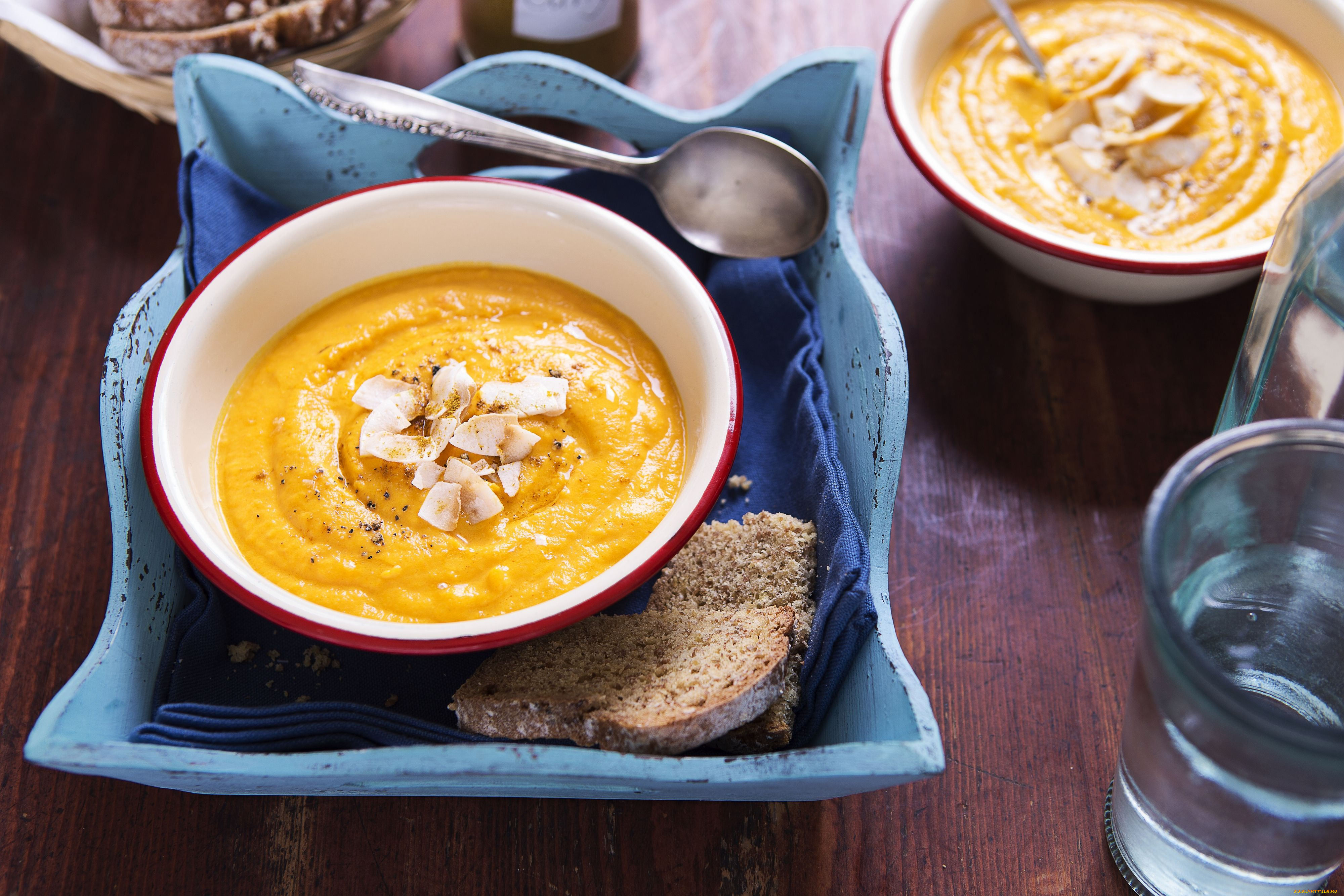 carrot, coconut, soup, еда, первые, блюда, суп-пюре, хлеб, вода