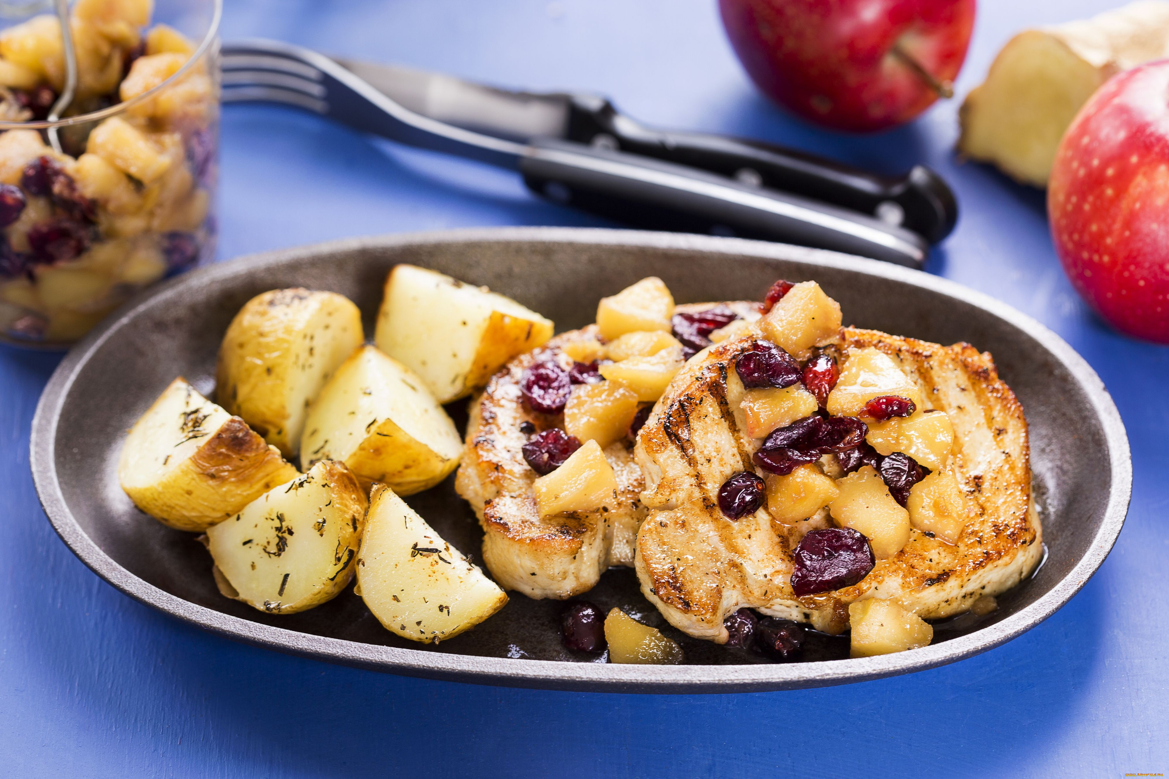 pork, chops, with, apple, chutney, еда, мясные, блюда, свиные, отбивные, картофель
