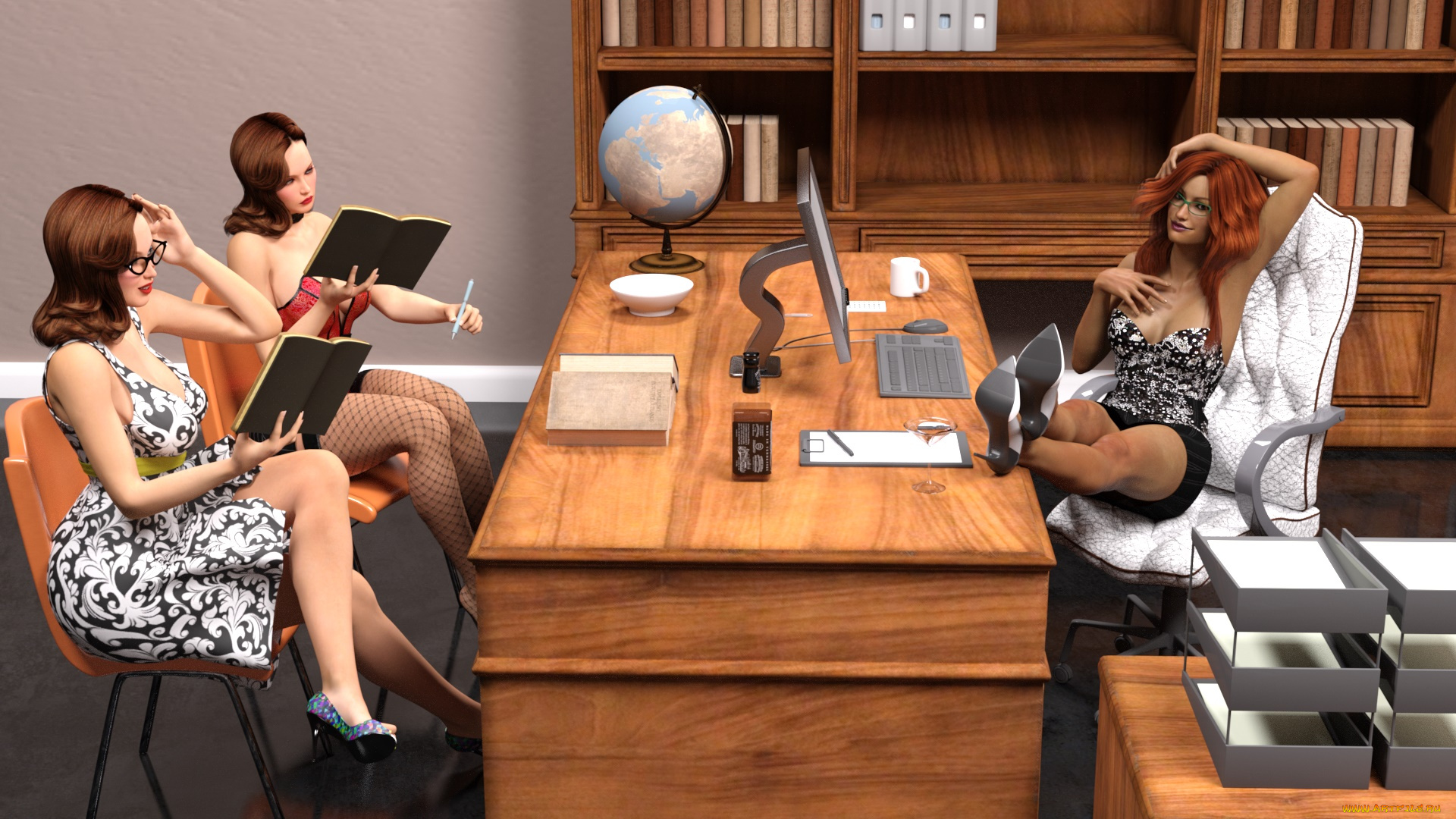 3д, графика, люди, , people, девушки, стол, фон, взгляд, офис