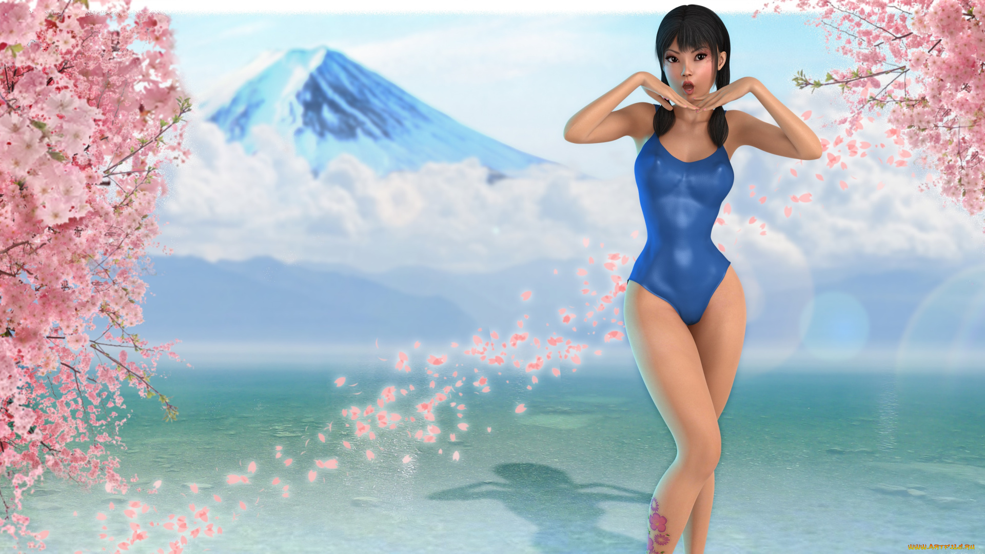 3д, графика, люди, , people, сакура, гора, фон, взгляд, девушка